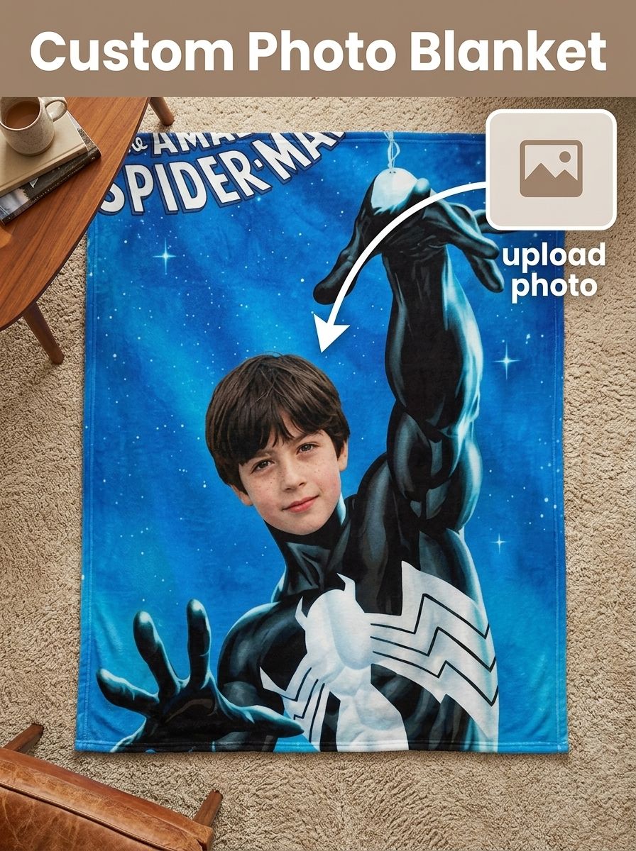 Custom Face Photo Superhero Flannel Blanket Soft Anti Pilling Throw Personalized Comic Gift for Kids Bed and Sofa