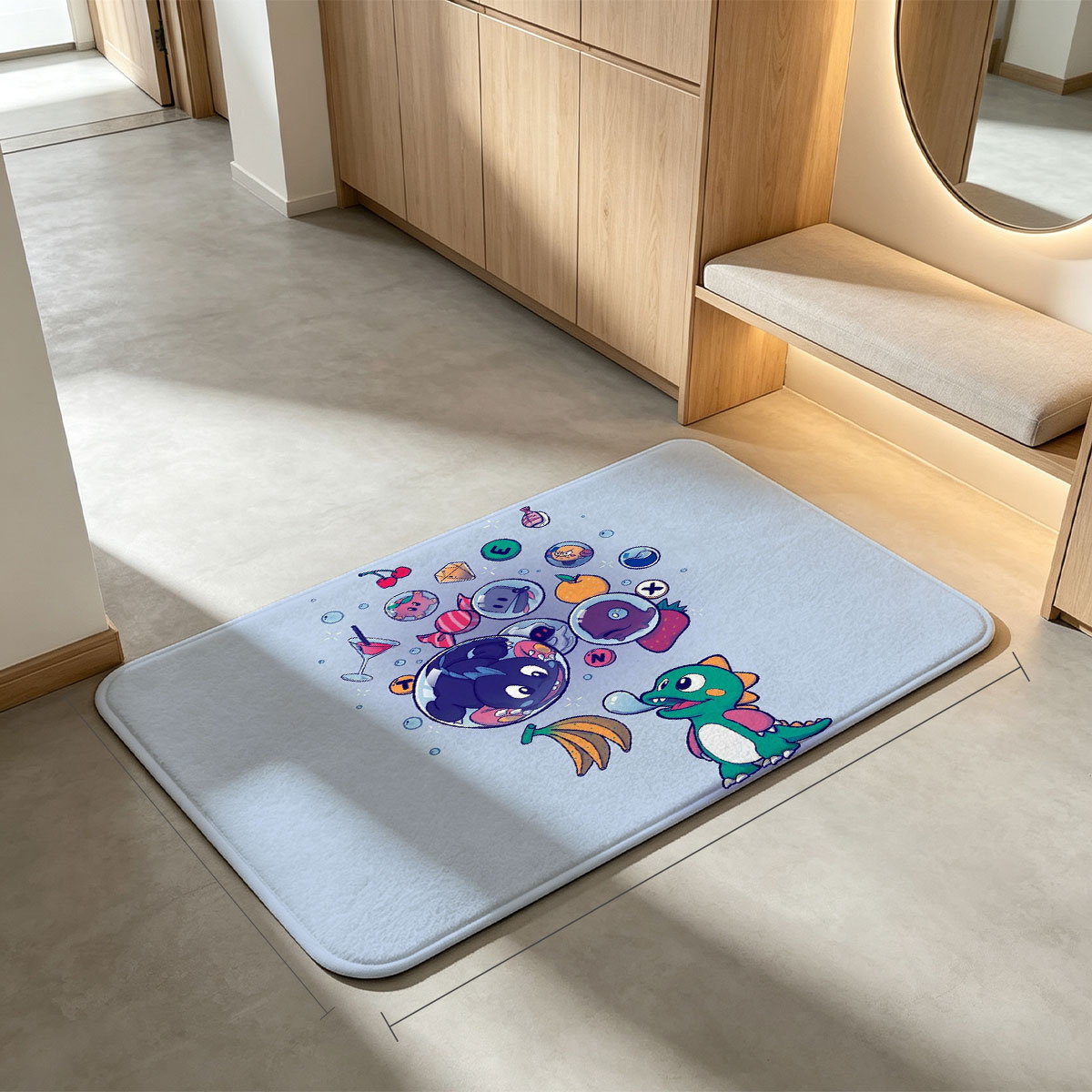 Cute Dragon Blows Bubbles with Game Icons and Fruits - Flannel floor mat