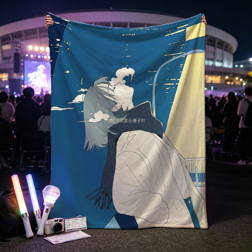 Anime Character in Winter Coat Breathing Steam Against City Night Sky - Blankets