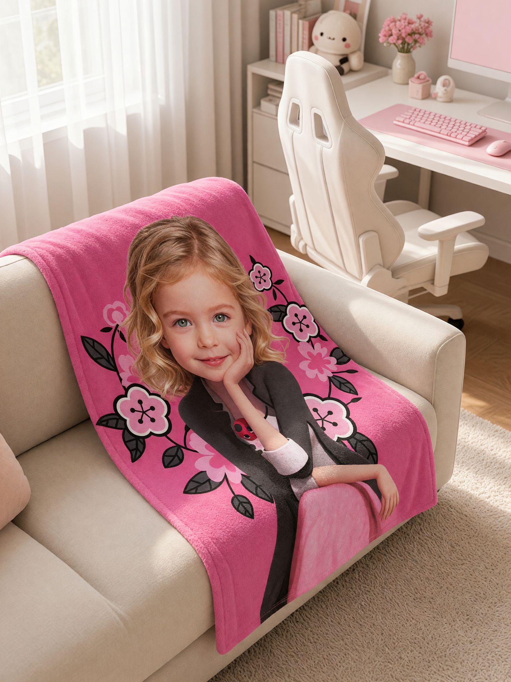 Custom Face Photo Blanket Personalized Flannel Throw with Pink Floral Frame, Cozy Keepsake Gift