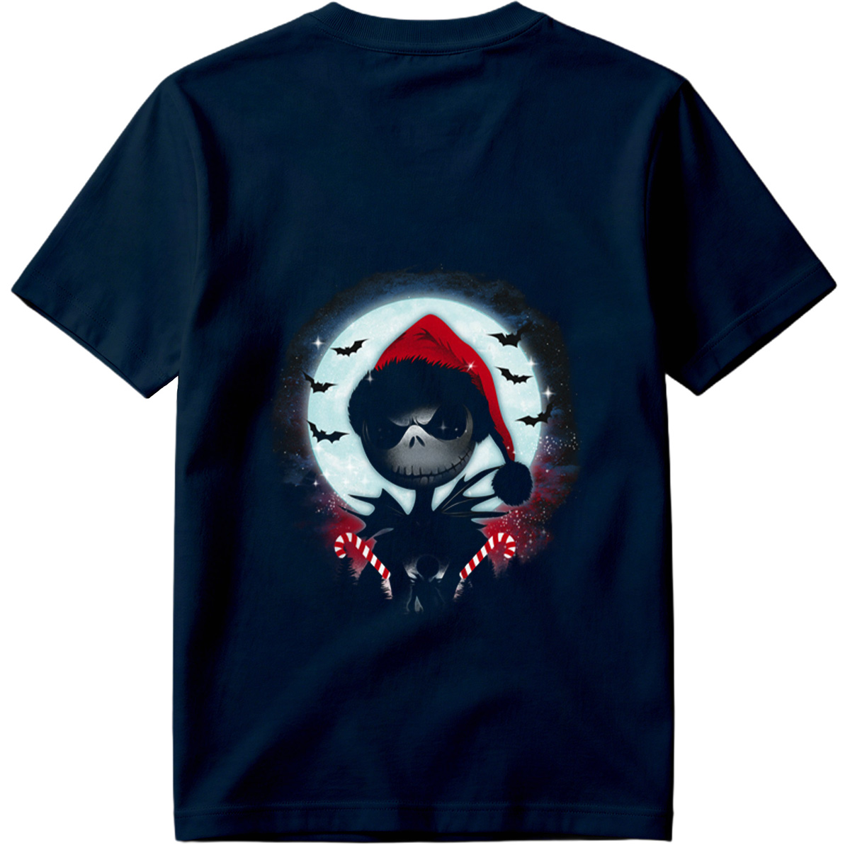 Jack Skellington in Santa Hat with Candy Canes Against Moonlit Sky - Tee