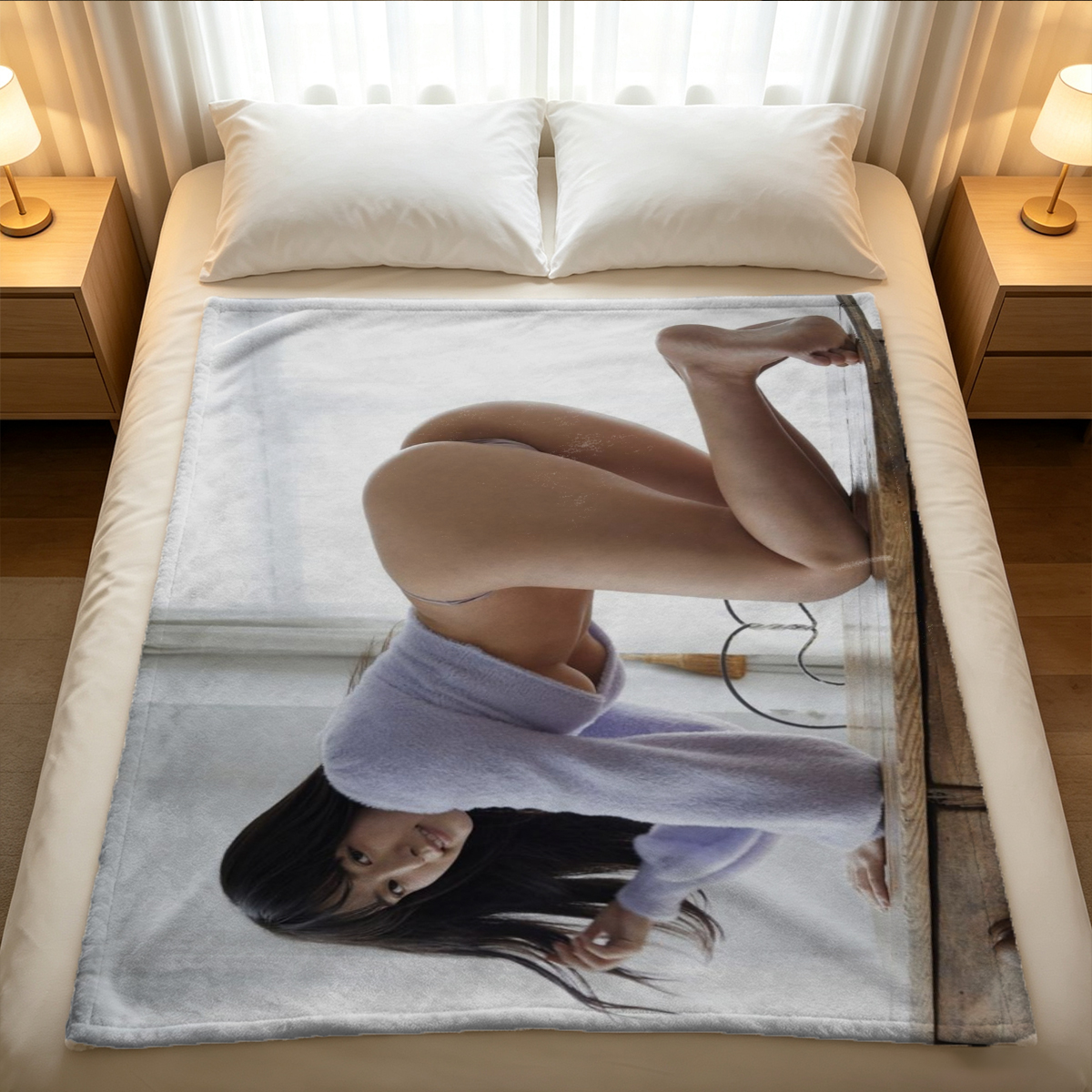 Nude blonde on all fours looking back, white room setting. - Blanket
