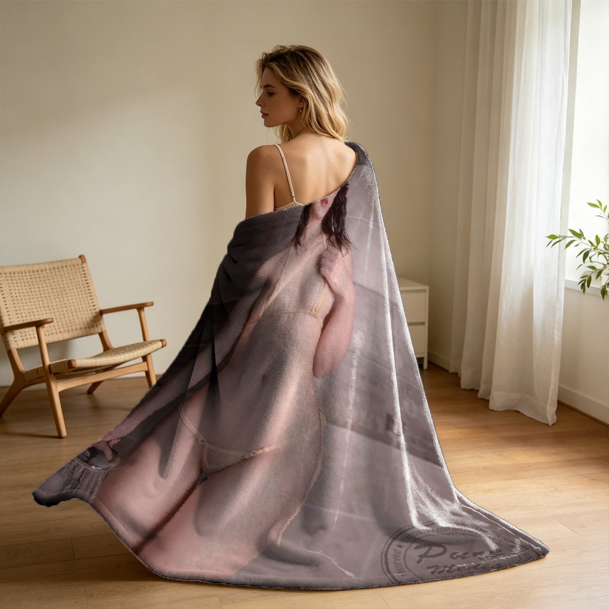 Emma Watson in purple and pink lingerie on couch - Blanket