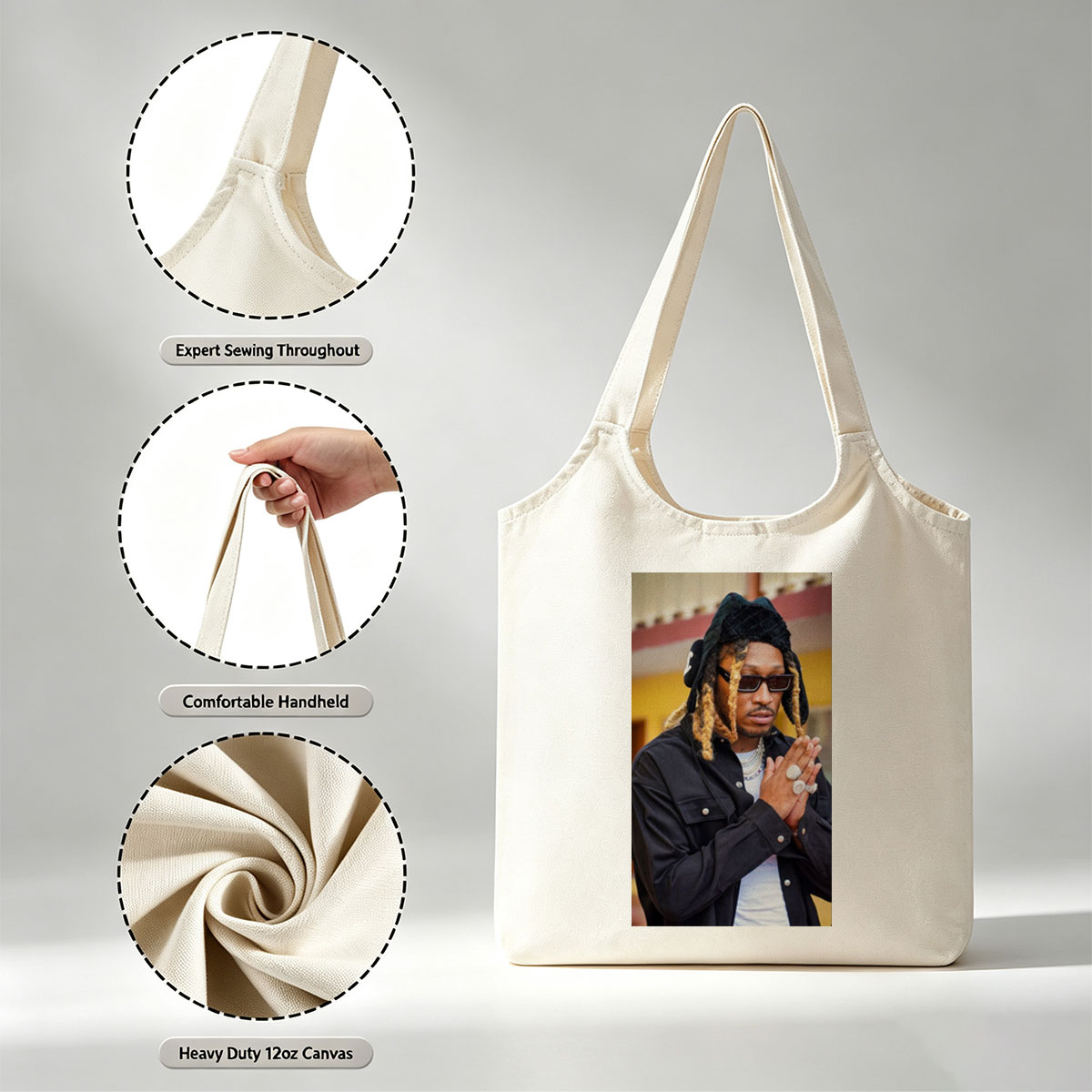 Wiz Khalifa in a stylish urban look with dreadlocks, sunglasses, and layered jewelry, hands clasped in front of a colorful building. - Canvas shoulder bags/