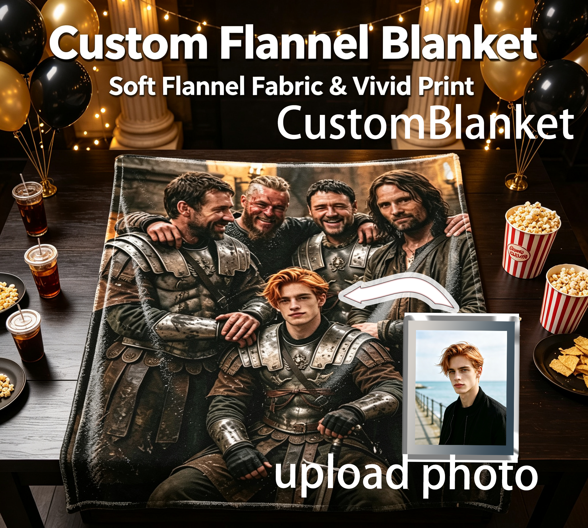 Custom Face Blanket Featuring Medieval Warriors in Armor Flannel Blanket Perfect for Couch or Bed Cozy Gift for Fantasy Fans and Movie Lovers