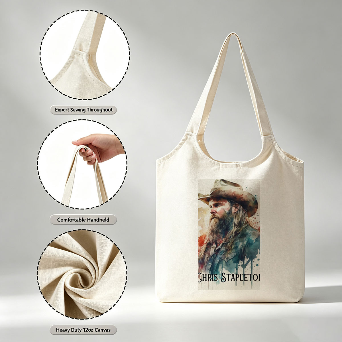 Chris Stapleton in a Watercolor Portrait with Cowboy Hat and Long Beard - Canvas shoulder bags/