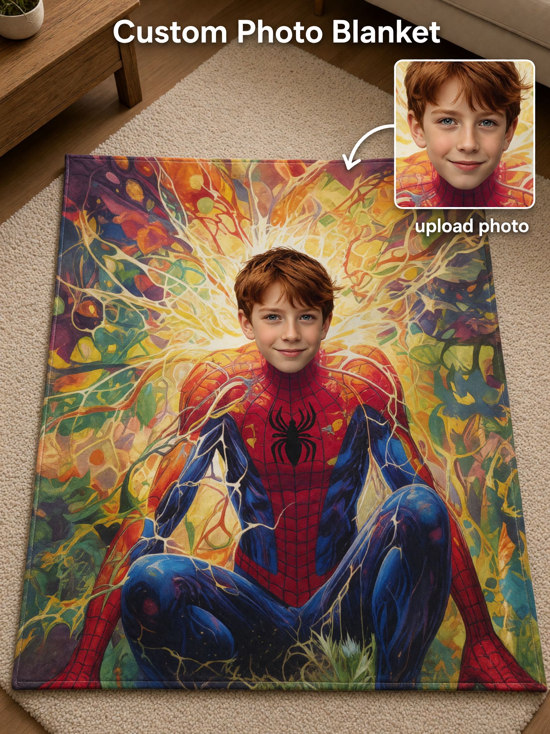 Custom Face Blanket Personalized Superhero Avatar Portrait on Vibrant Stained Glass Art Ultra Soft Flannel Throw Ideal