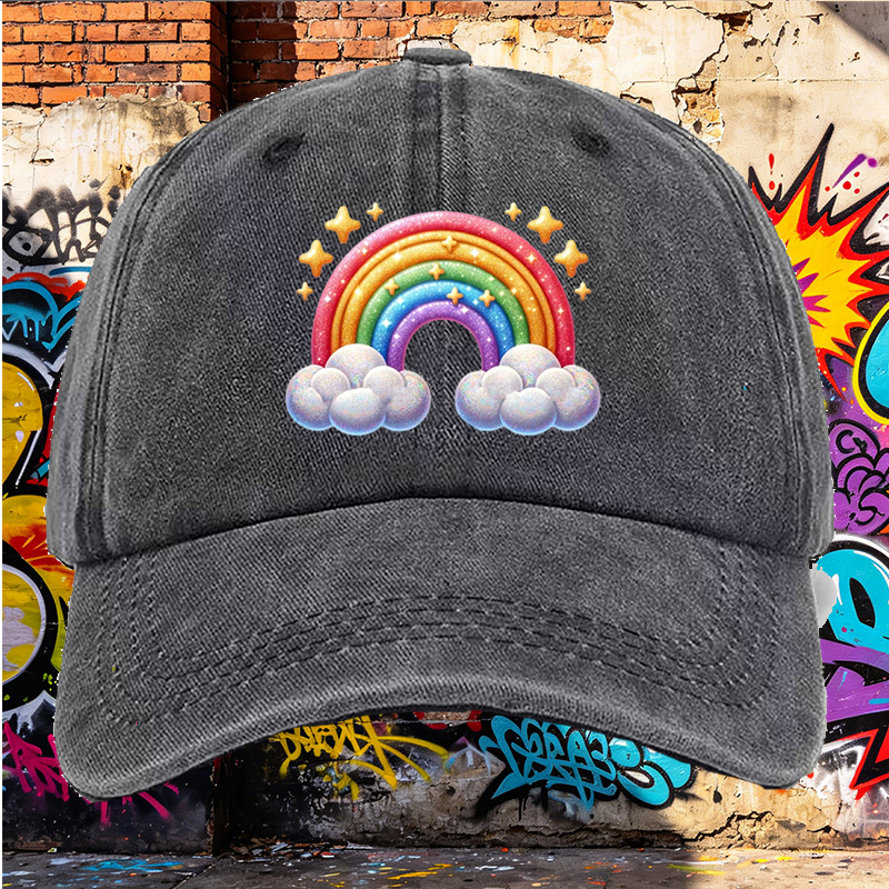 Men's Printed Washed Cap Rainbow Stars Clouds Design Casual Round Brim Summer Lightweight Hat for Outdoor Activities and Daily Wear, Suitable for Adults Seeking Fun and Comfortable Headwear