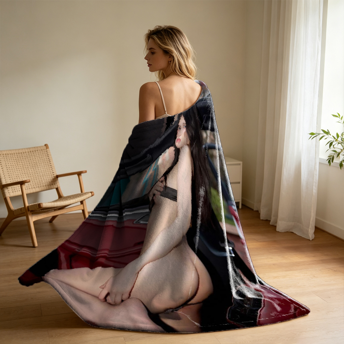 Nude Blonde Sitting on Bed Looking Back - Blanket