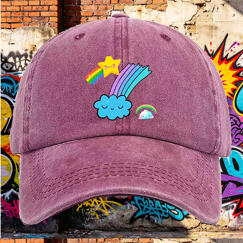 Men's Printed Washed Cap with Rainbow Star Cloud Design Casual Round Brim Lightweight Summer Hat for Outdoor Activities and Daily Wear, Perfect for Young Adults and Trendy Urban Style Lovers