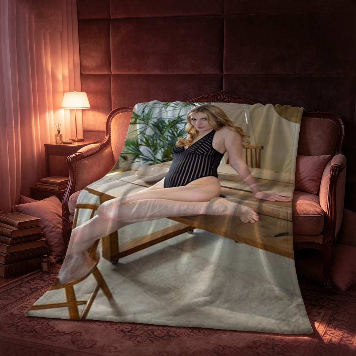 Blonde woman in white lace lingerie top and gold satin shorts in kitchen - Blanket