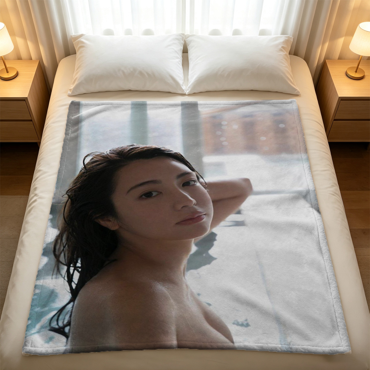 Beautiful Asian Woman in Blue Bikini Sitting on Bed - Blanket