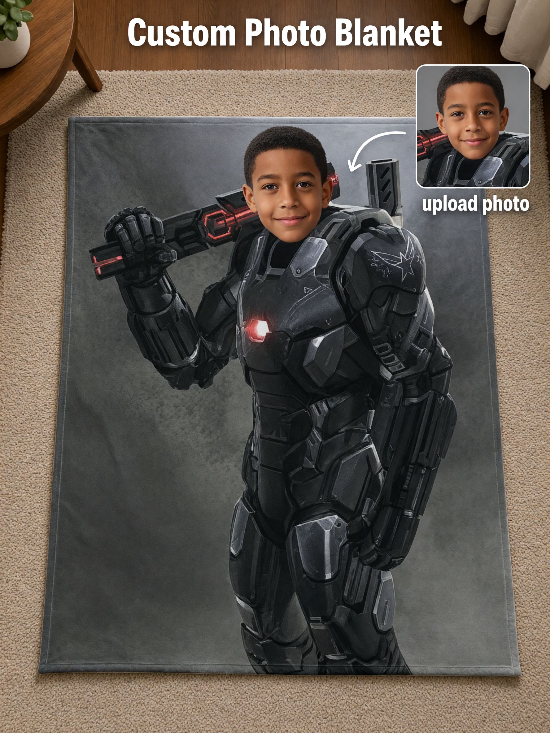 Custom Face Photo Flannel Blanket Personalized Sci Fi Armor Throw Ultra Soft Warm Cozy Gift For Kids And Family
