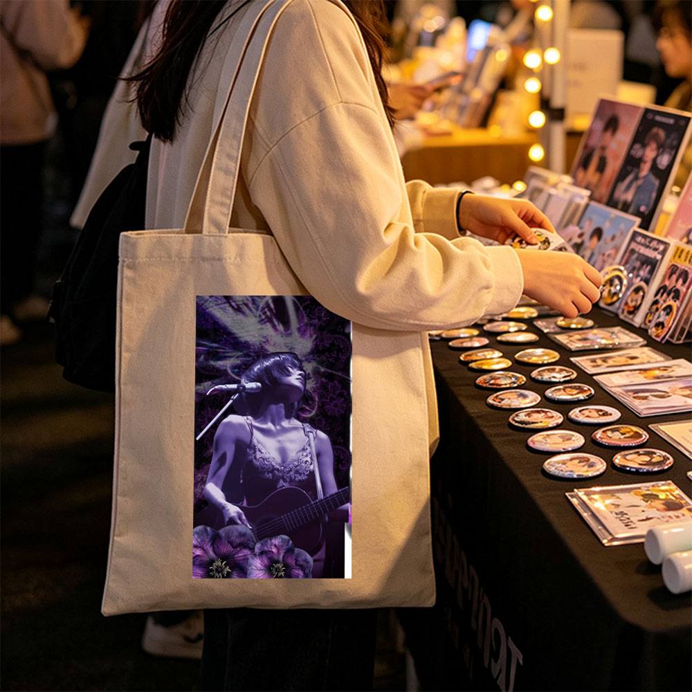 Bj?rk Performing with Guitar in Purple Floral Scene - Canvas tote bags