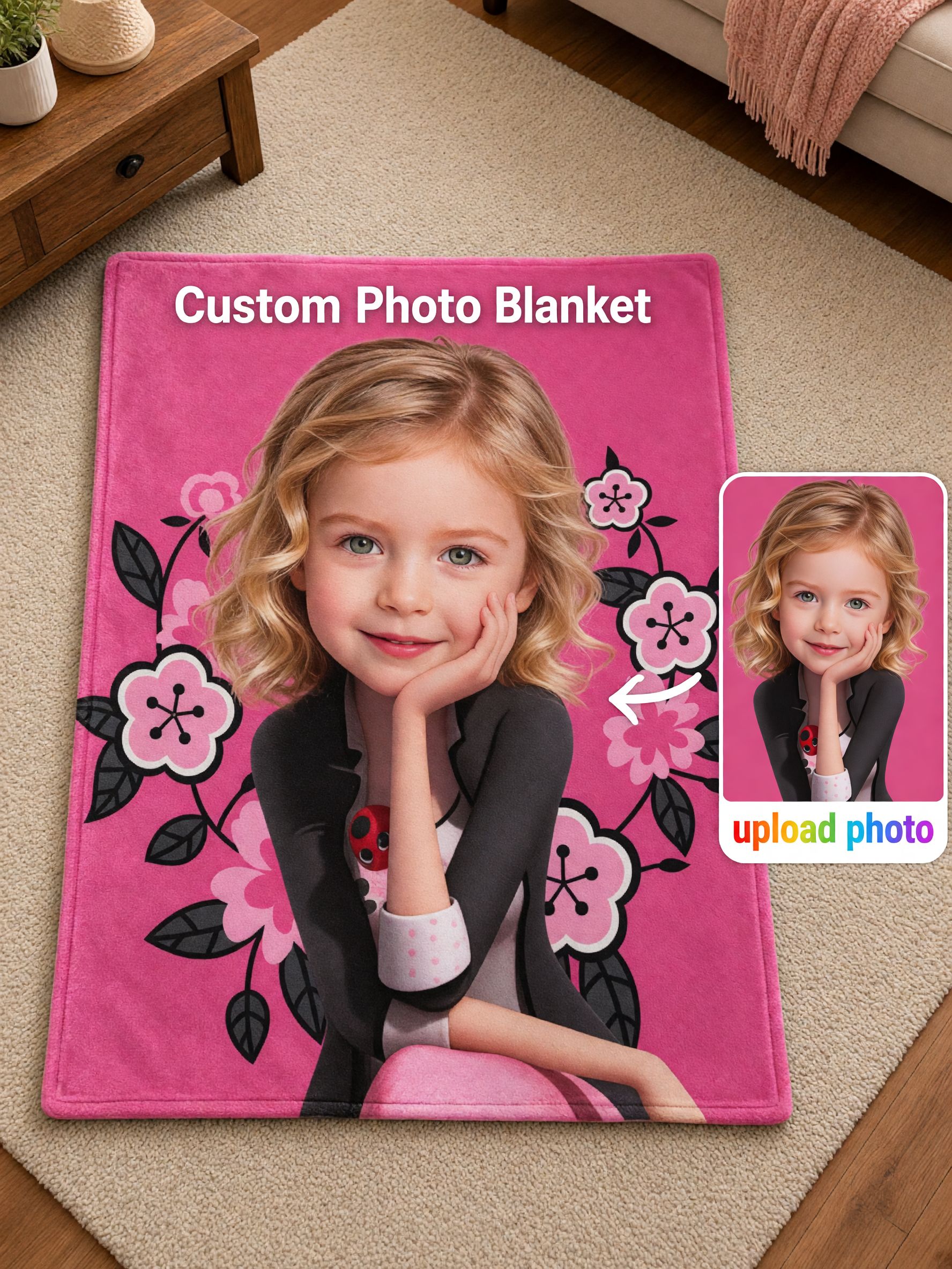 Custom Face Photo Blanket Personalized Flannel Throw with Pink Floral Frame, Cozy Keepsake Gift