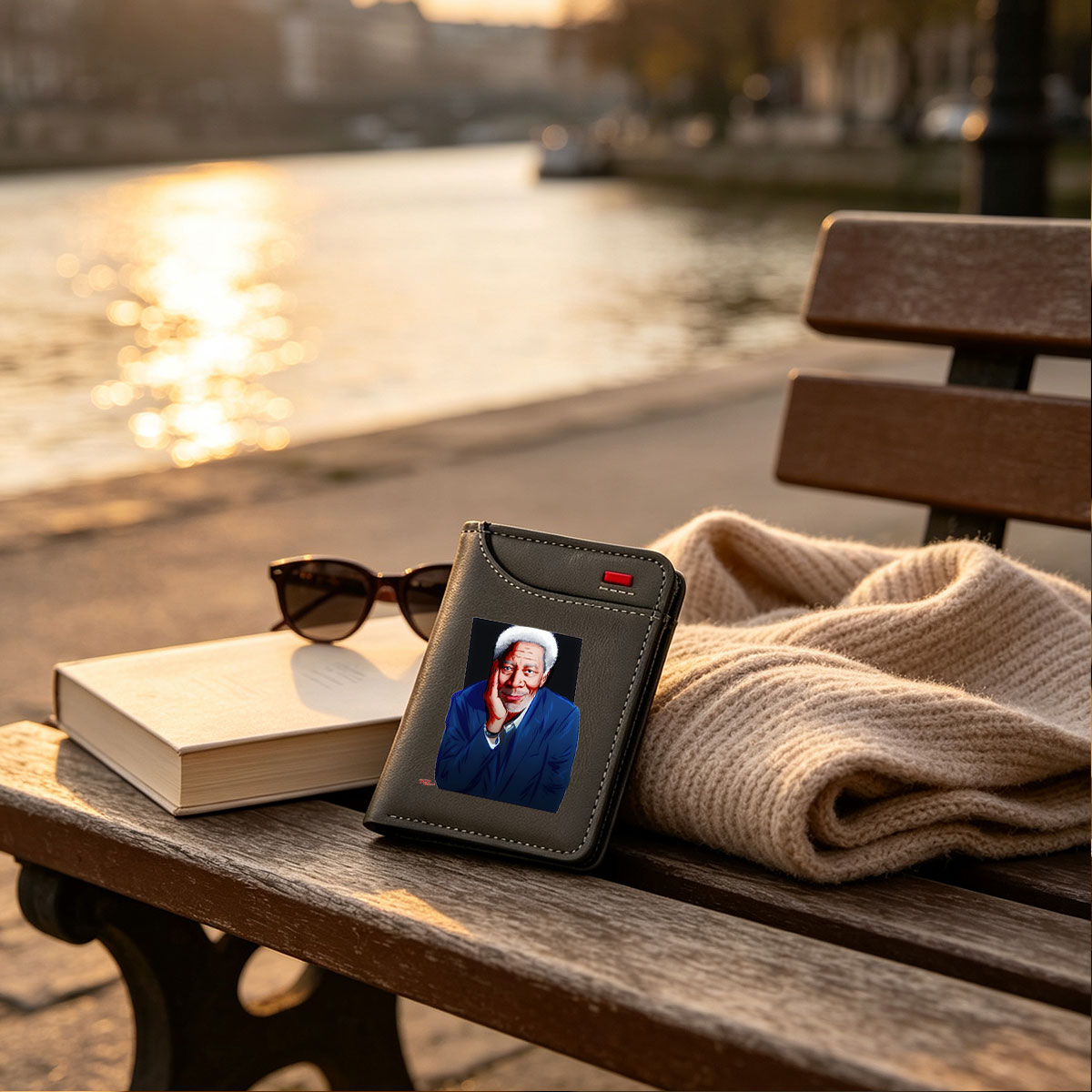 Morgan Freeman in a Blue Suit, Resting His Chin on Hand - Vertical Style Wallet