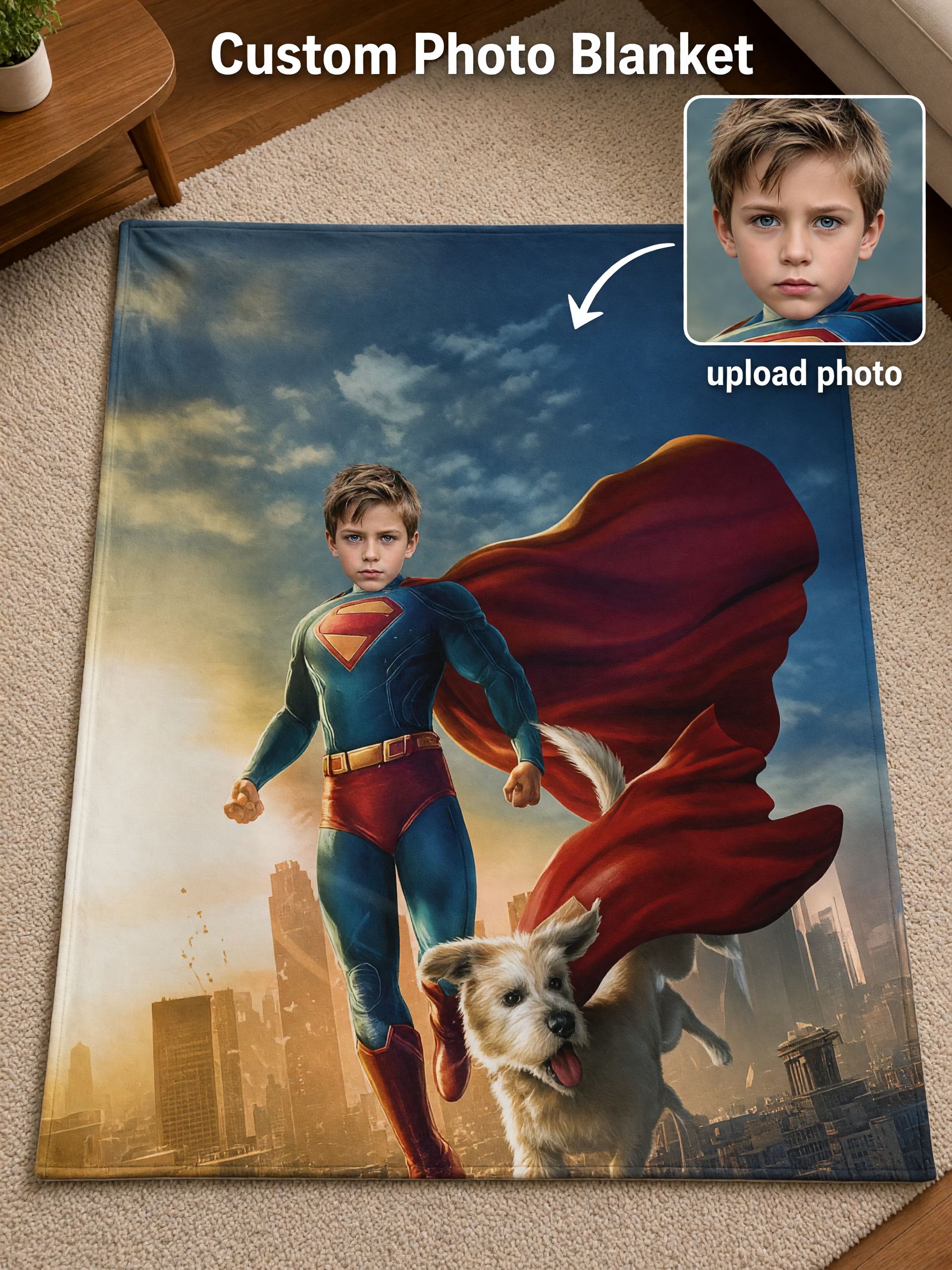 Personalized Superhero Photo Blanket Custom Face Flannel Fleece Throw Ideal Personalized Gift for Kids and Family