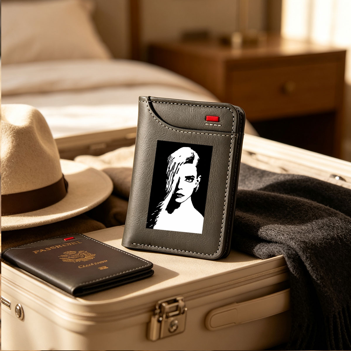 Stylized Black and White Portrait of a Woman with Long Hair - Vertical Style Wallet