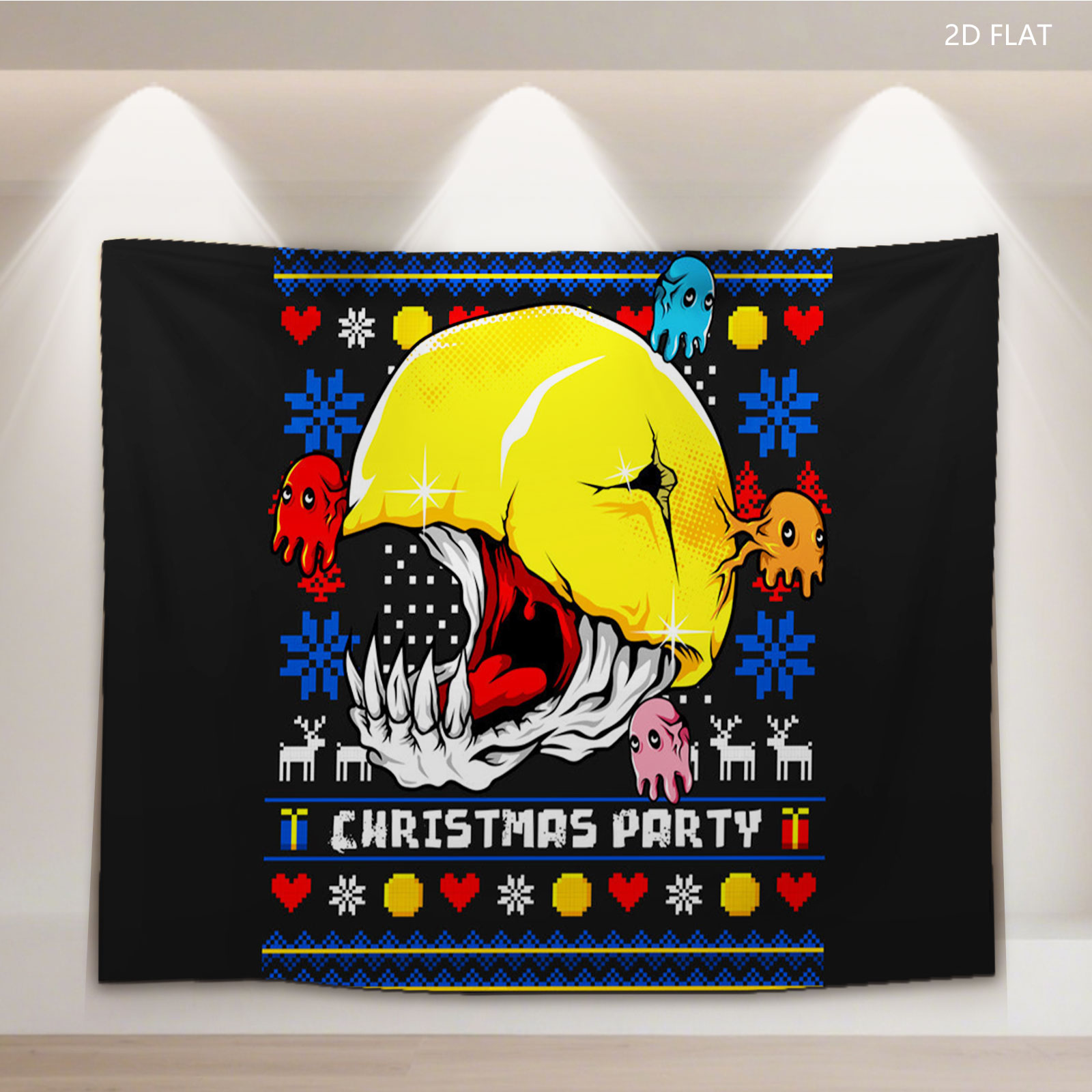 Pac-Man Christmas Party with Ghosts and Holiday Patterns - Tapestry