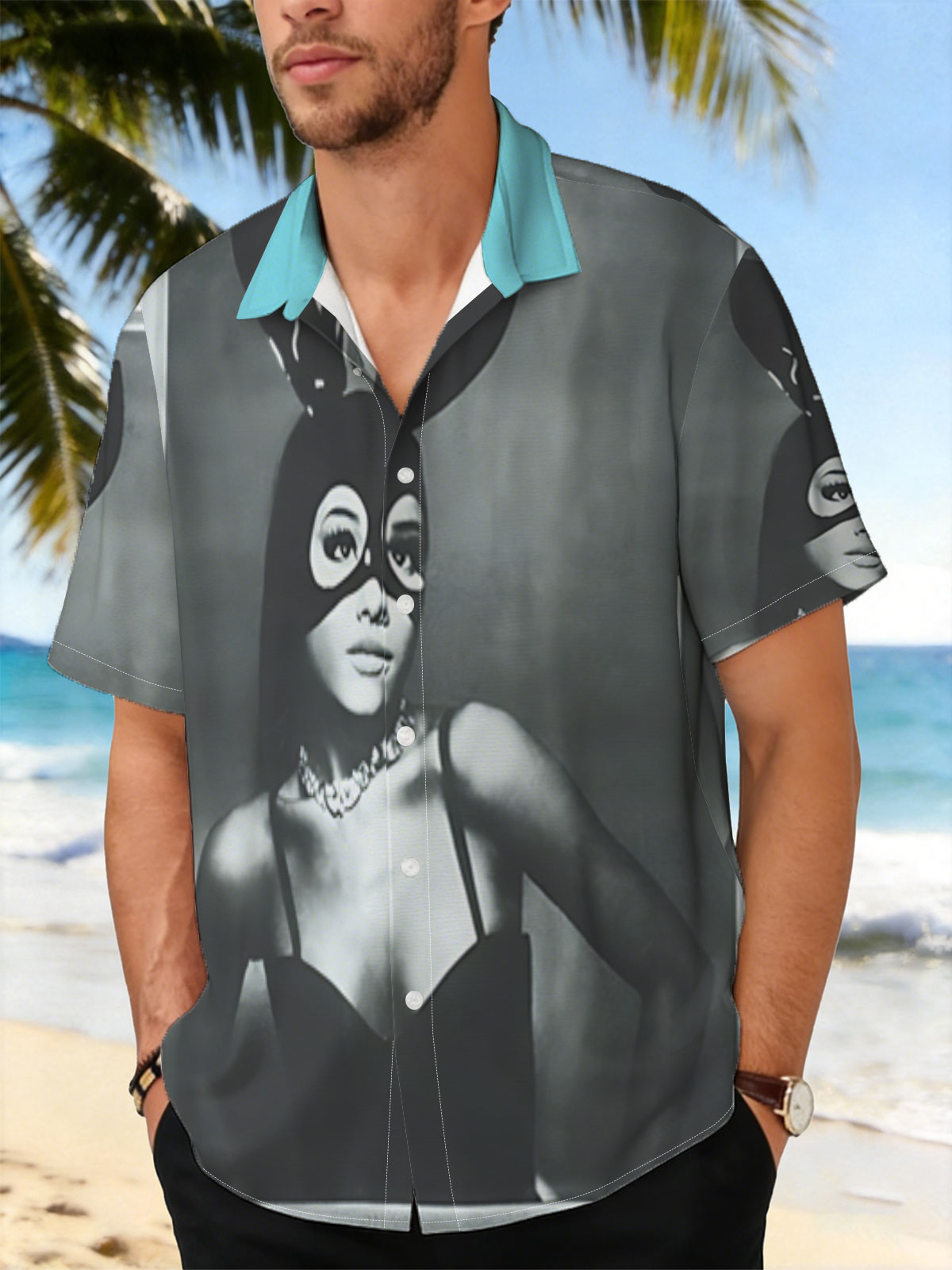 Bunny Masked Woman in Black Dress with Pearl Necklace -  Shirt
