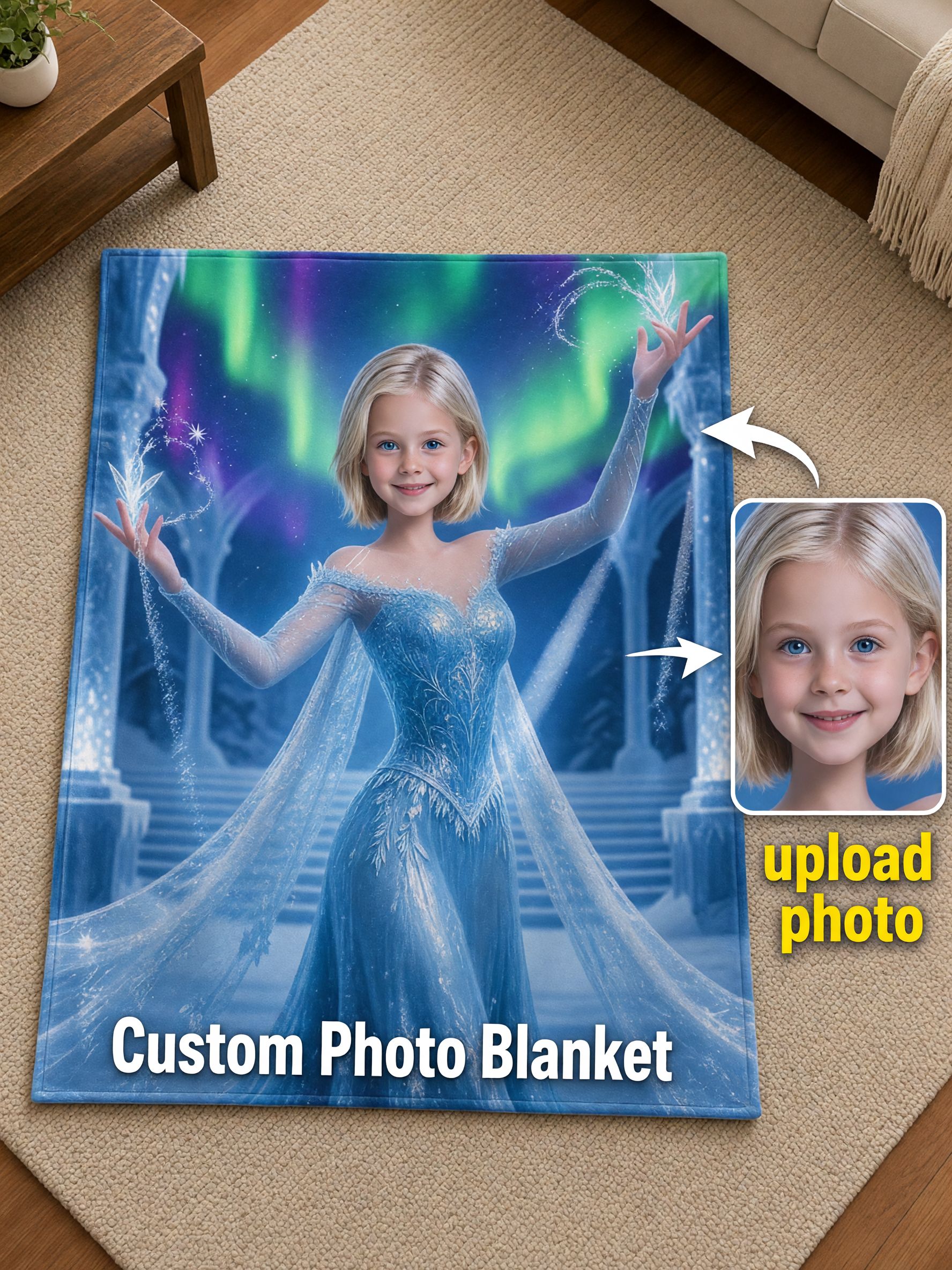 Custom Face Blanket Ice Princess Flannel Throw, Ultra Soft Velvety Warm Fleece Bed Wrap, Ideal Personalized Gift