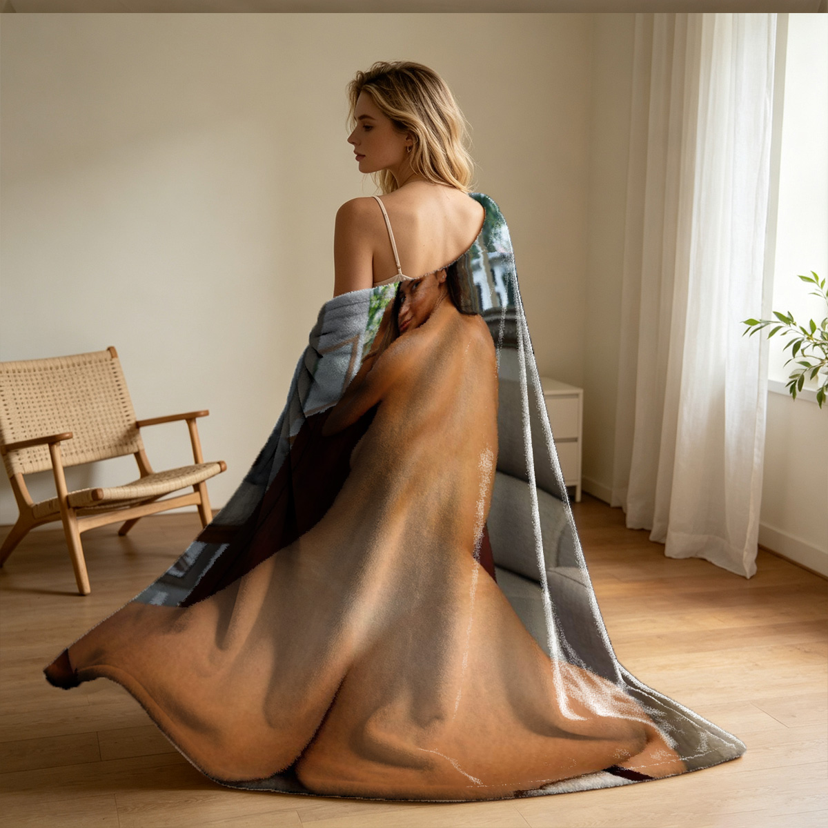 Two Women in Lingerie on a White Couch - Blanket