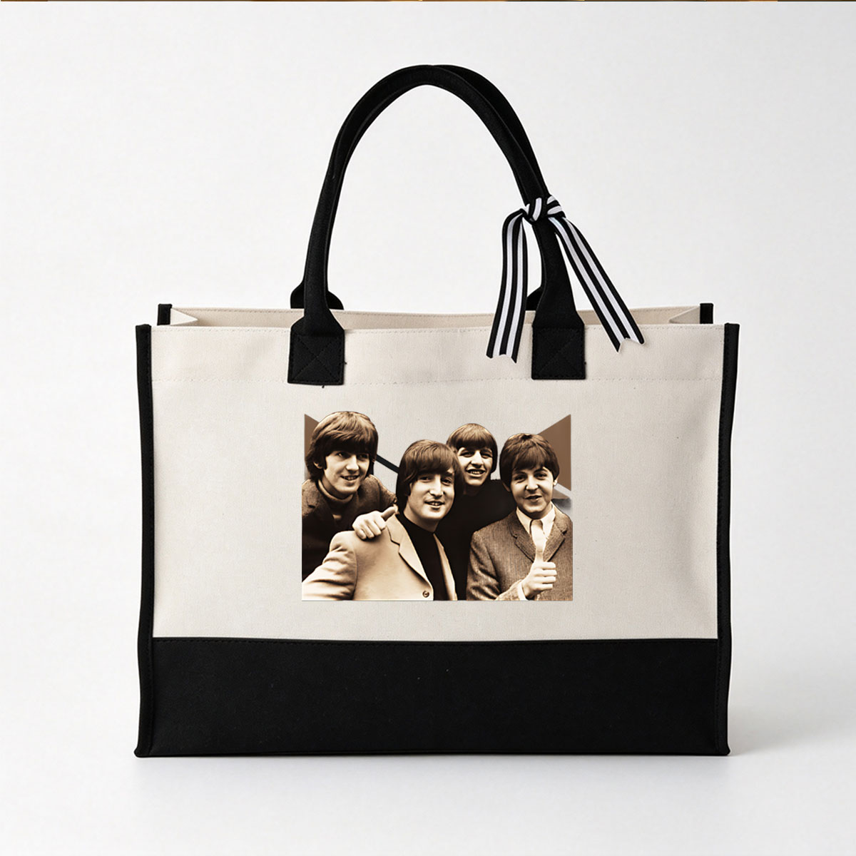 The Beatles: John, Paul, George, and Ringo in a classic group portrait - Canvas patchwork gift tote bag