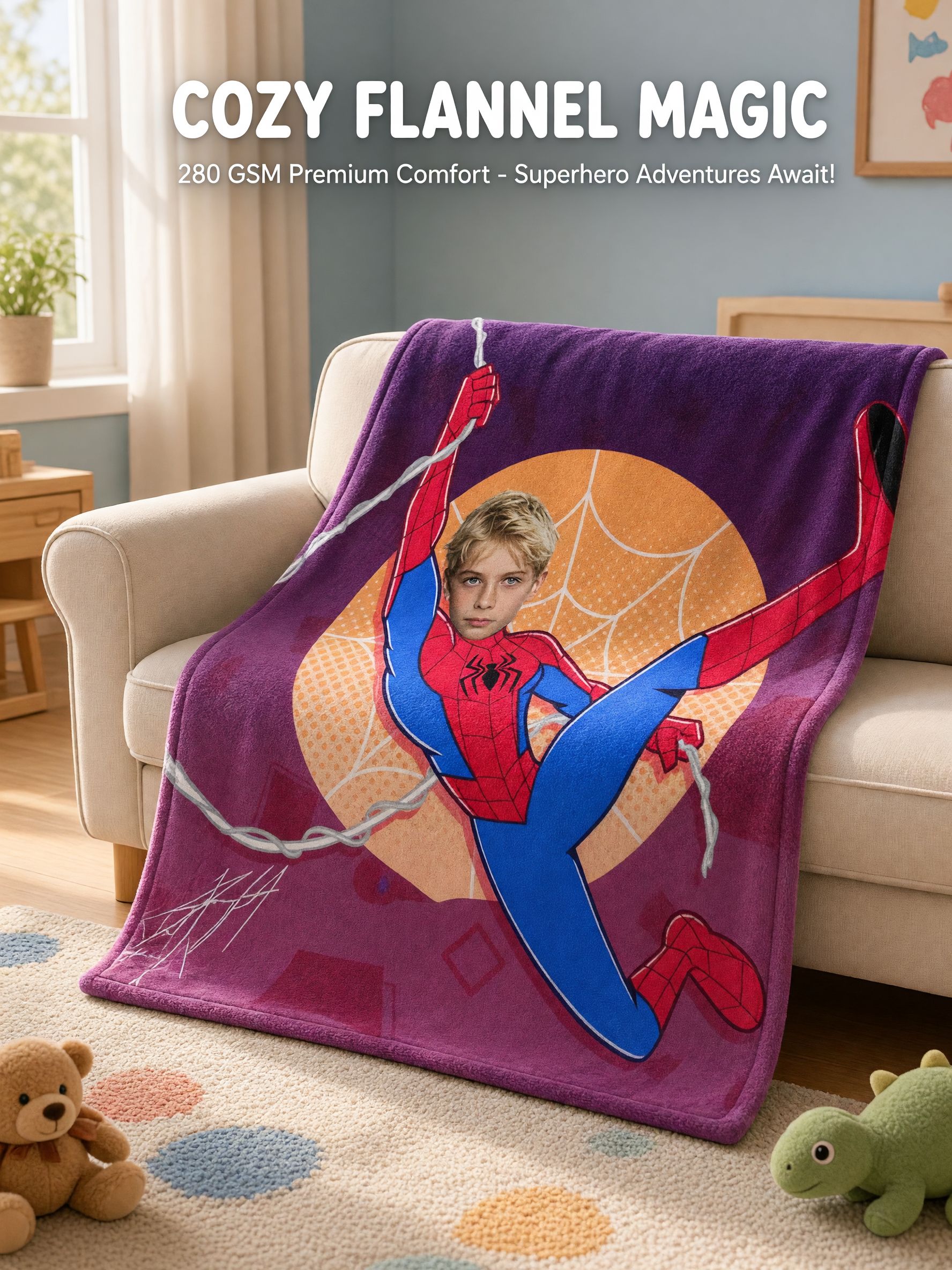 Custom Face Superhero Fleece Blanket Personalized Photo Throw Ultra Soft Anti Pilling Flannel Keepsake Gift for Kids