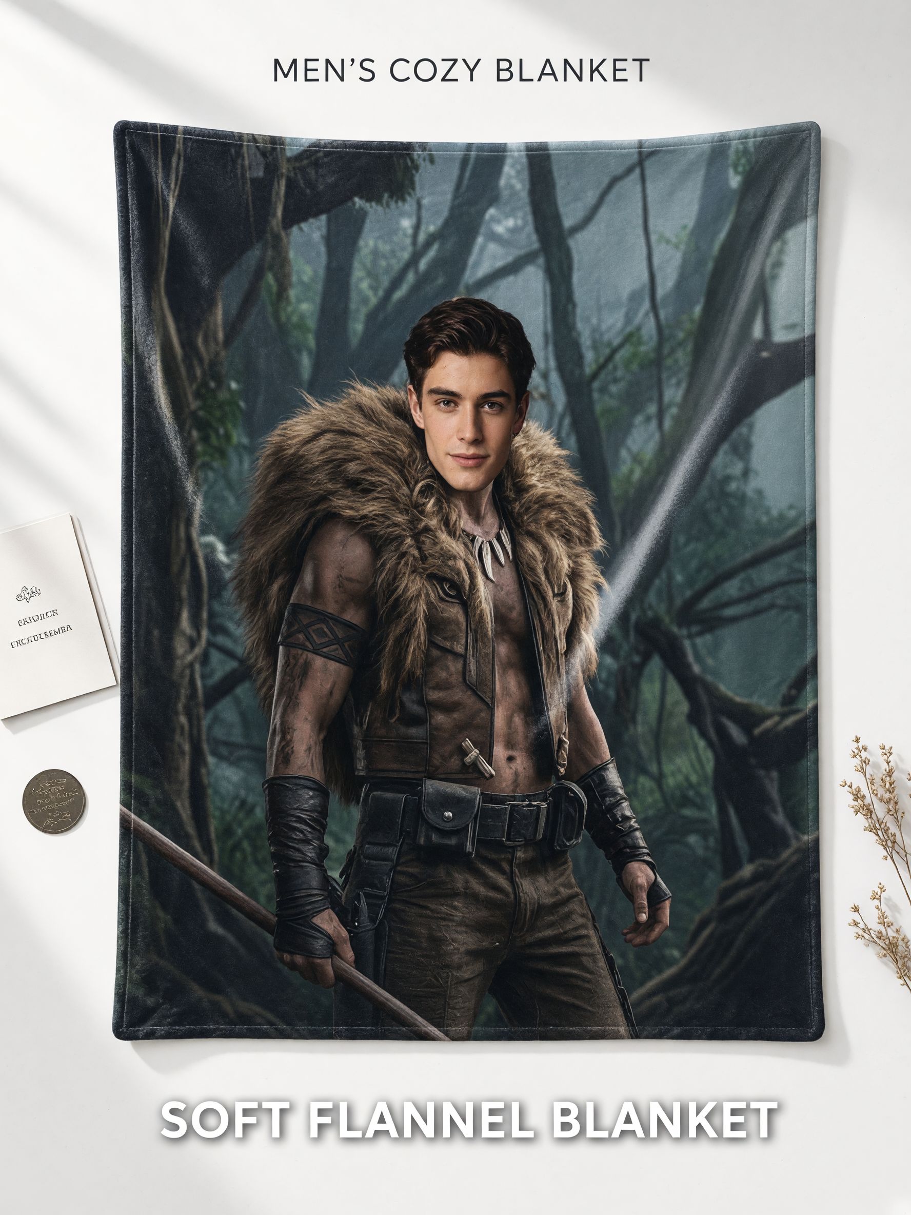 Custom Face Photo Flannel Blanket Personalized Warrior Jungle Fantasy Soft Plush Throw Blanket for Home and Gifts