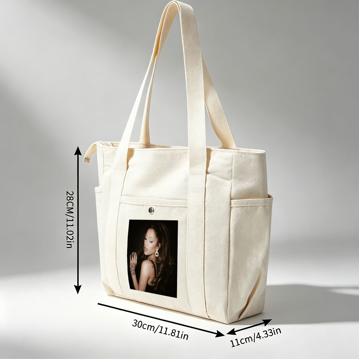 Ariana Grande in a Dramatic Pose with Long Hair and Tattoos on Dark Background - Multi-pocket bags