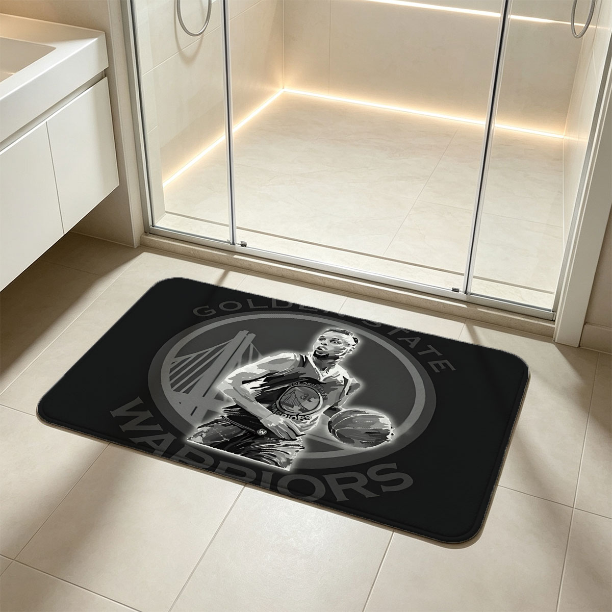 Stephen Curry in Golden State Warriors Uniform with Basketball - Flannel floor mat