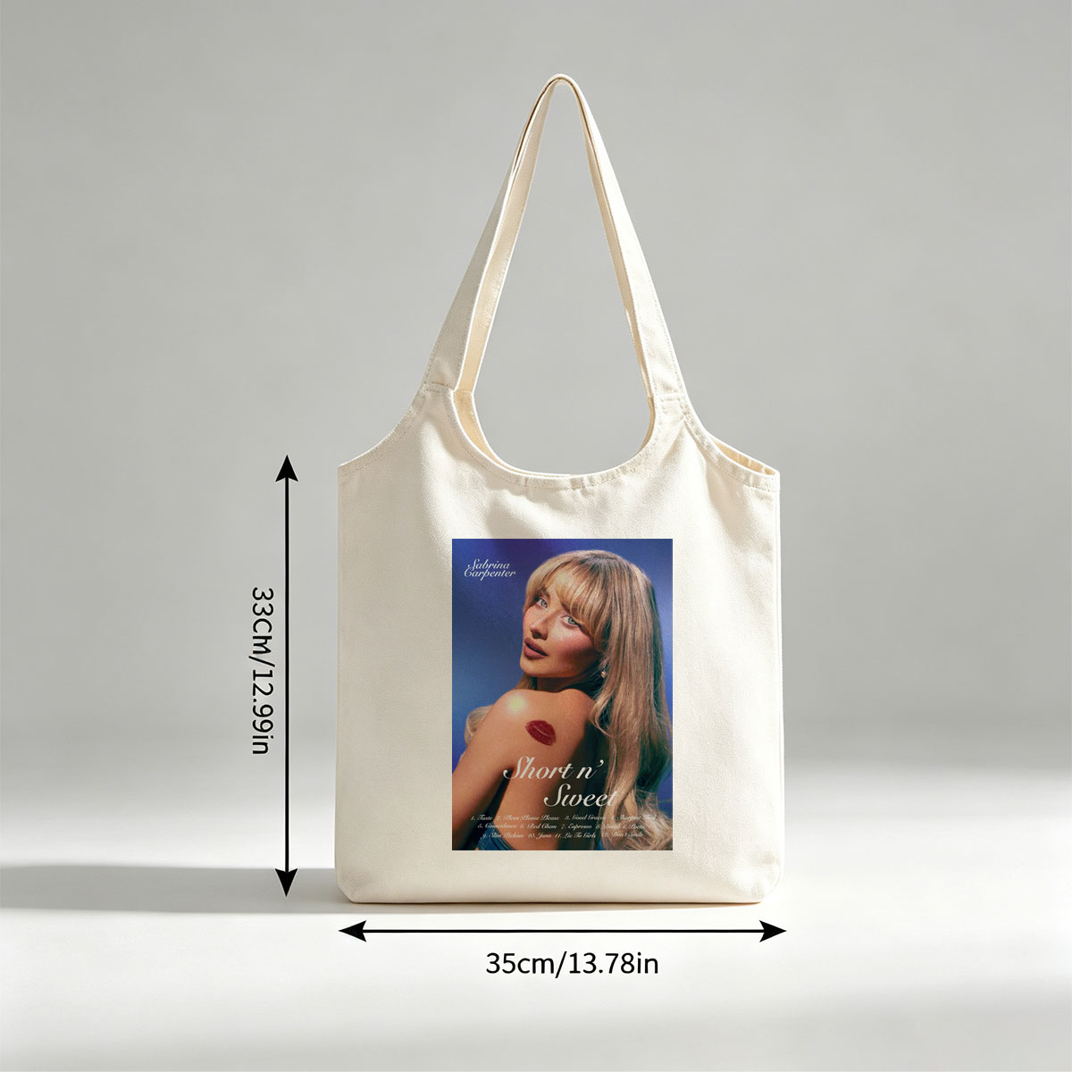 Sabrina Carpenter Album Cover Featuring Her with Lipӡ on Shoulder and Tracklist for Short n' Sweet - Canvas shoulder bags/