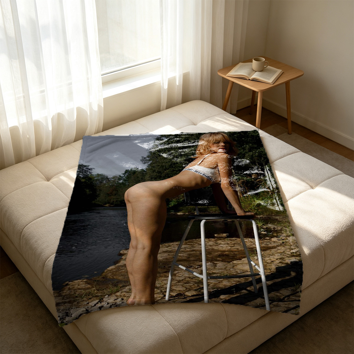 Nude redhead posing in bedroom, back view with hands in hair - Blanket