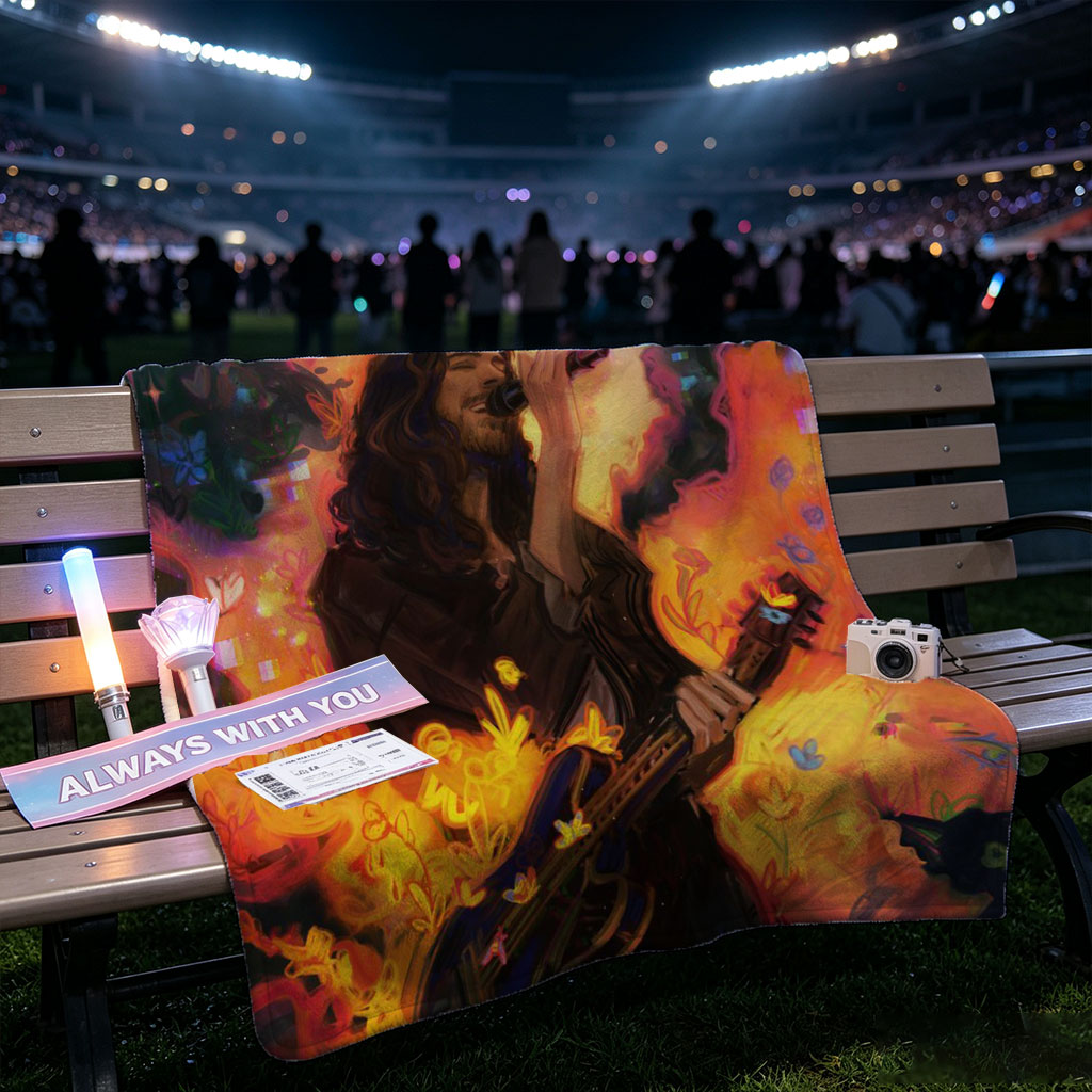 Hozier Performing with Guitar Amidst Vibrant Flames and Flowers Artwork - Blankets