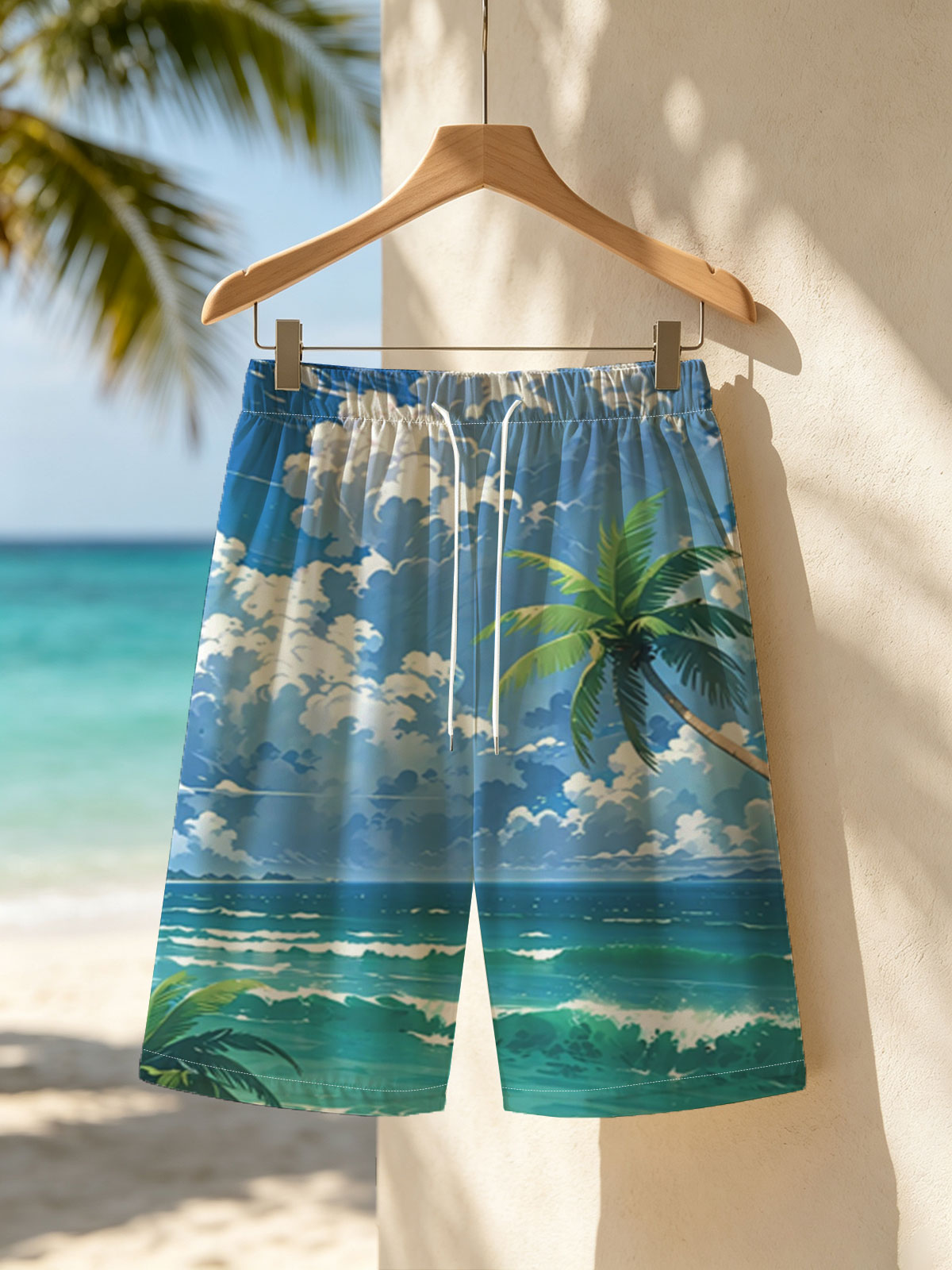 Tropical Beach with Palm Trees and Blue Sky -  Beach shorts