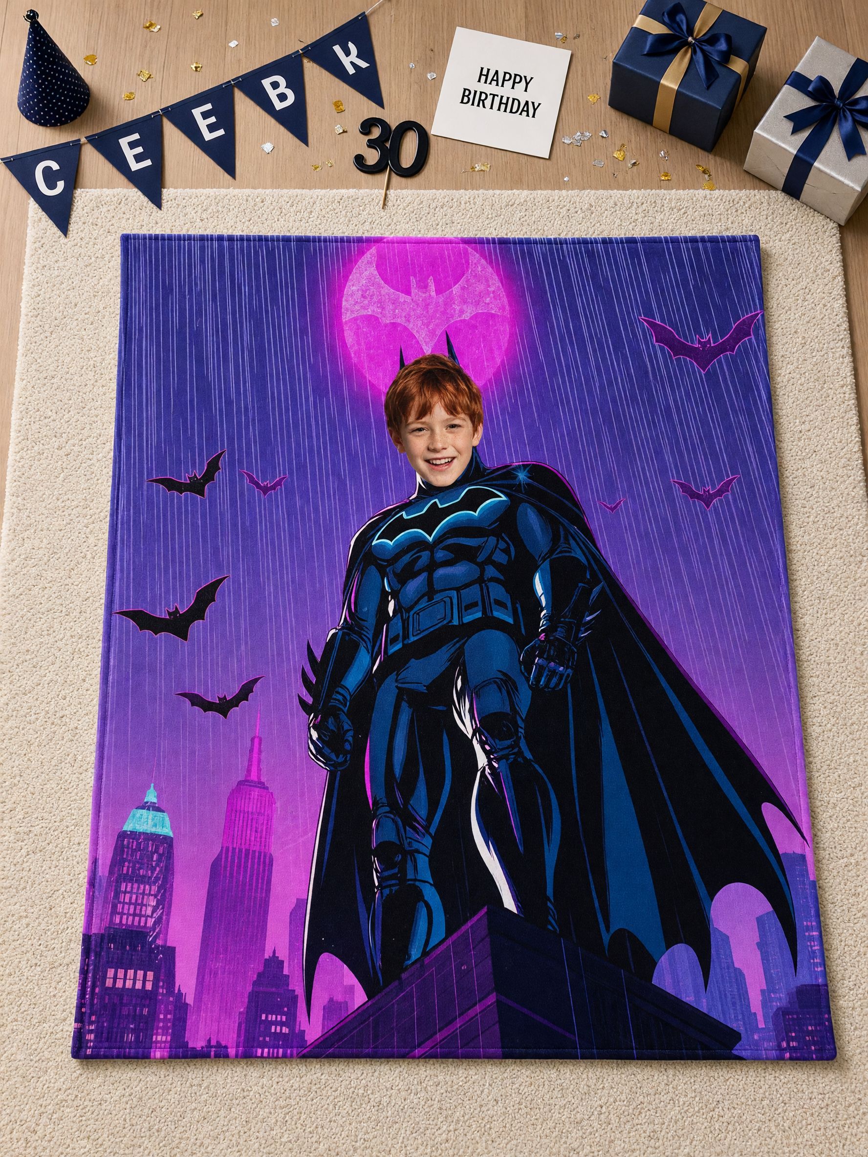Personalized Superhero Face Blanket Custom Photo Flannel Throw for Kids Cozy Velvet Plush Hero Keepsake Gift