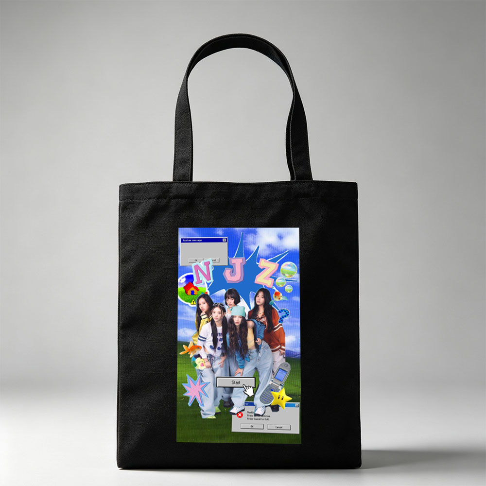 NewJeans Group Photo with Retro Game Interface and Colorful Elements - Canvas tote bags