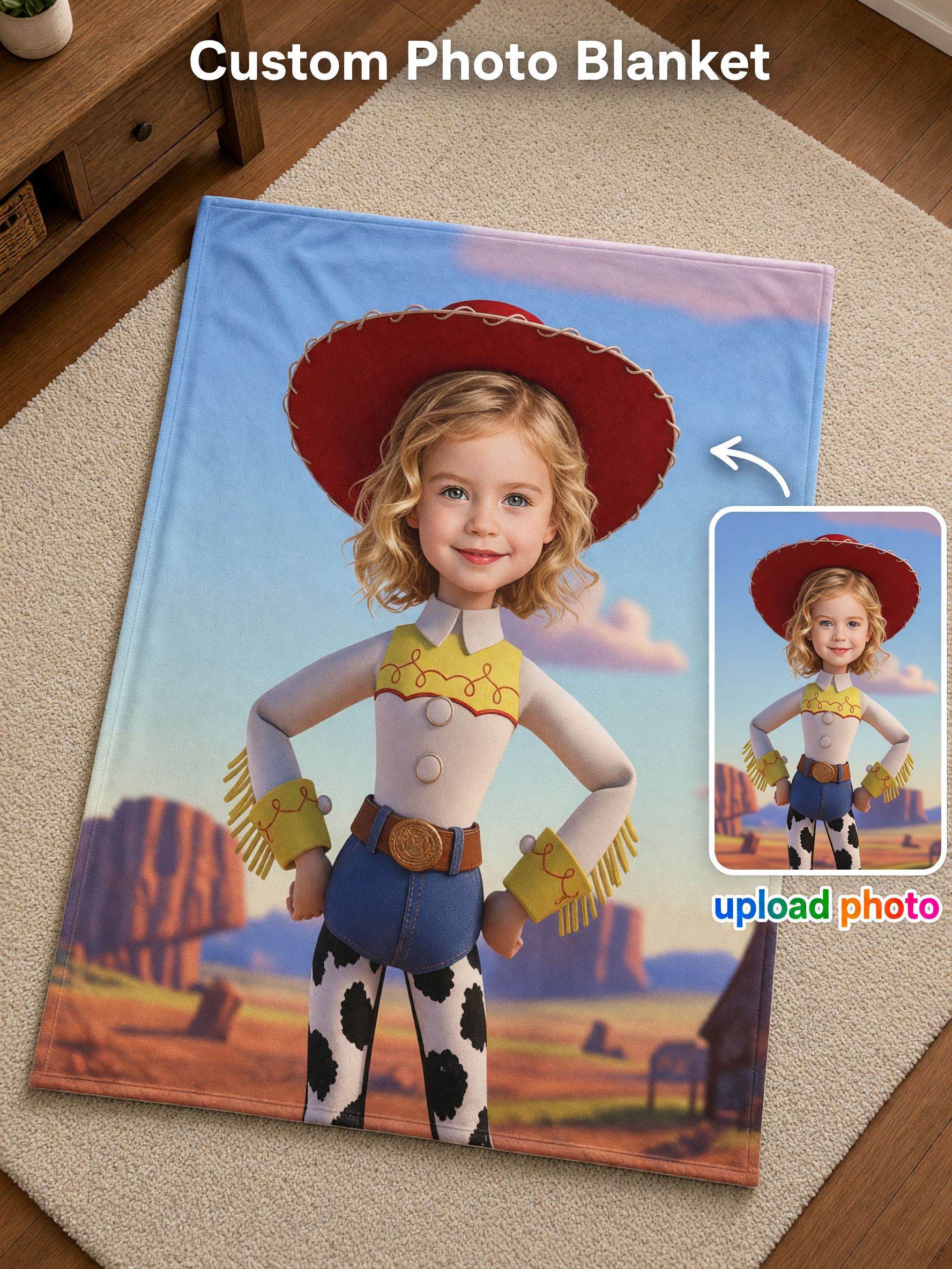 Custom Photo Cowgirl Fleece Blanket, Personalized Face Print Plush Throw for Kids and Family, Ideal Personalized Gift