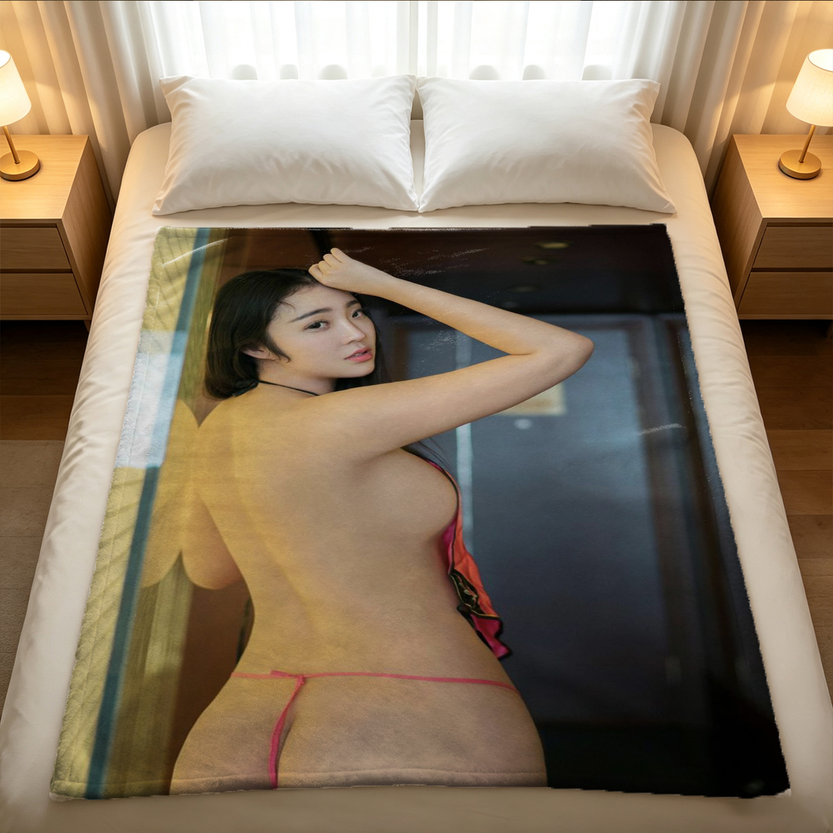 Miyabi in sheer white embroidered lingerie on couch - Blanket