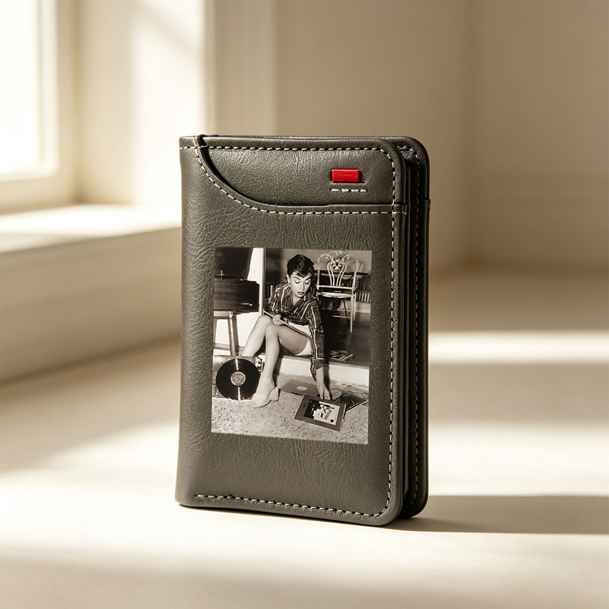 Audrey Hepburn Selecting Vinyl Records in a Cozy Room - Vertical Style Wallet
