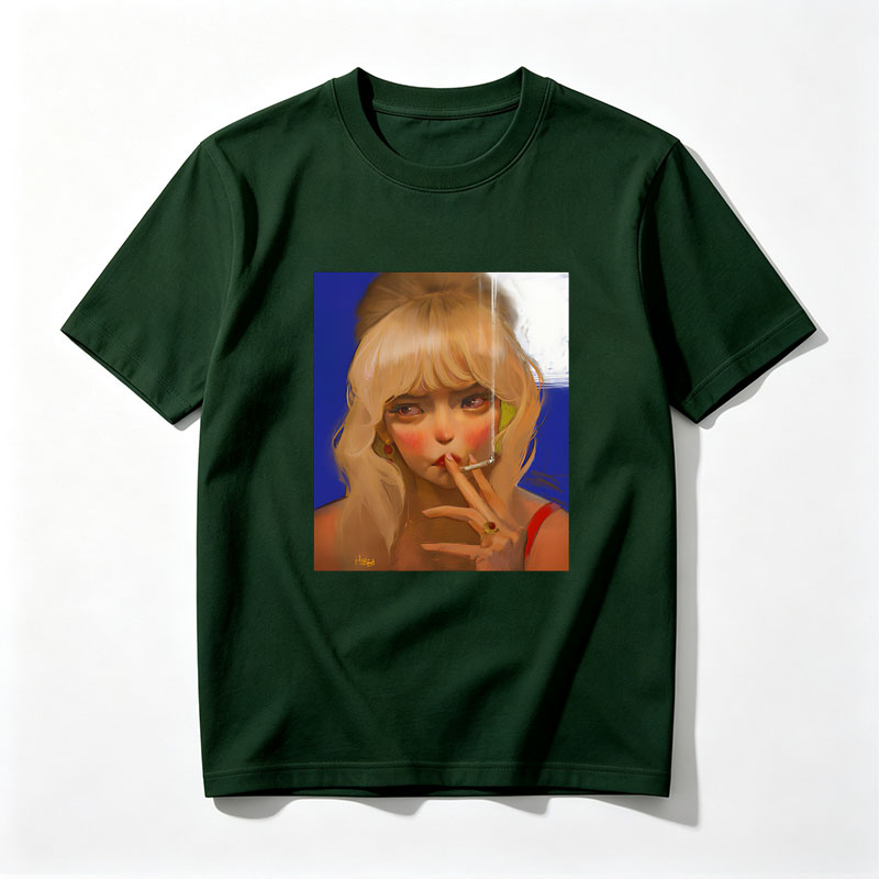 Blonde Woman Smoking Cigarette with Red Earrings and Ring - Tee