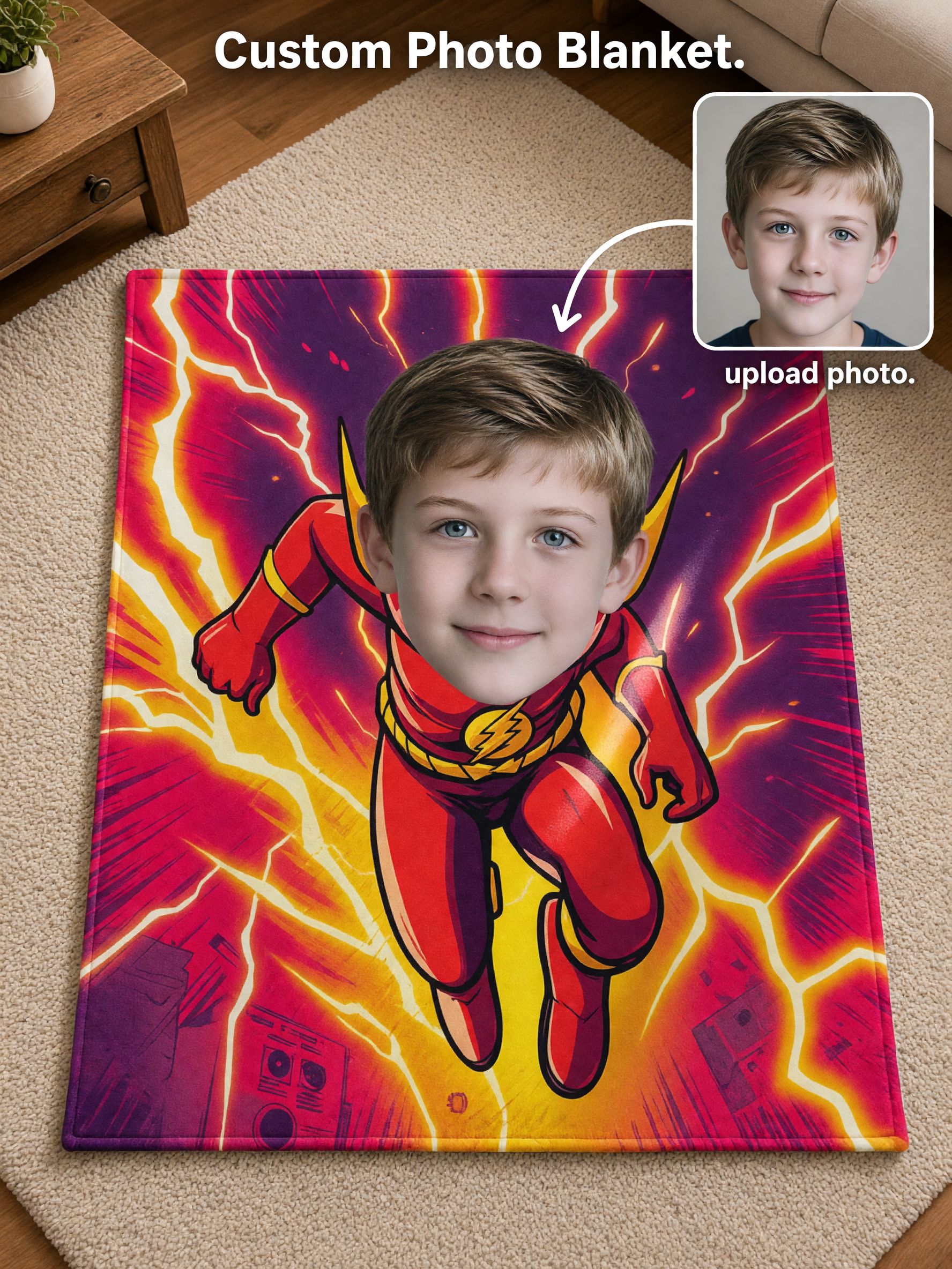 Custom Superhero Face Photo Blanket Personalized Lightning Hero Flannel Fleece Throw Soft Skin Friendly Cozy Gift