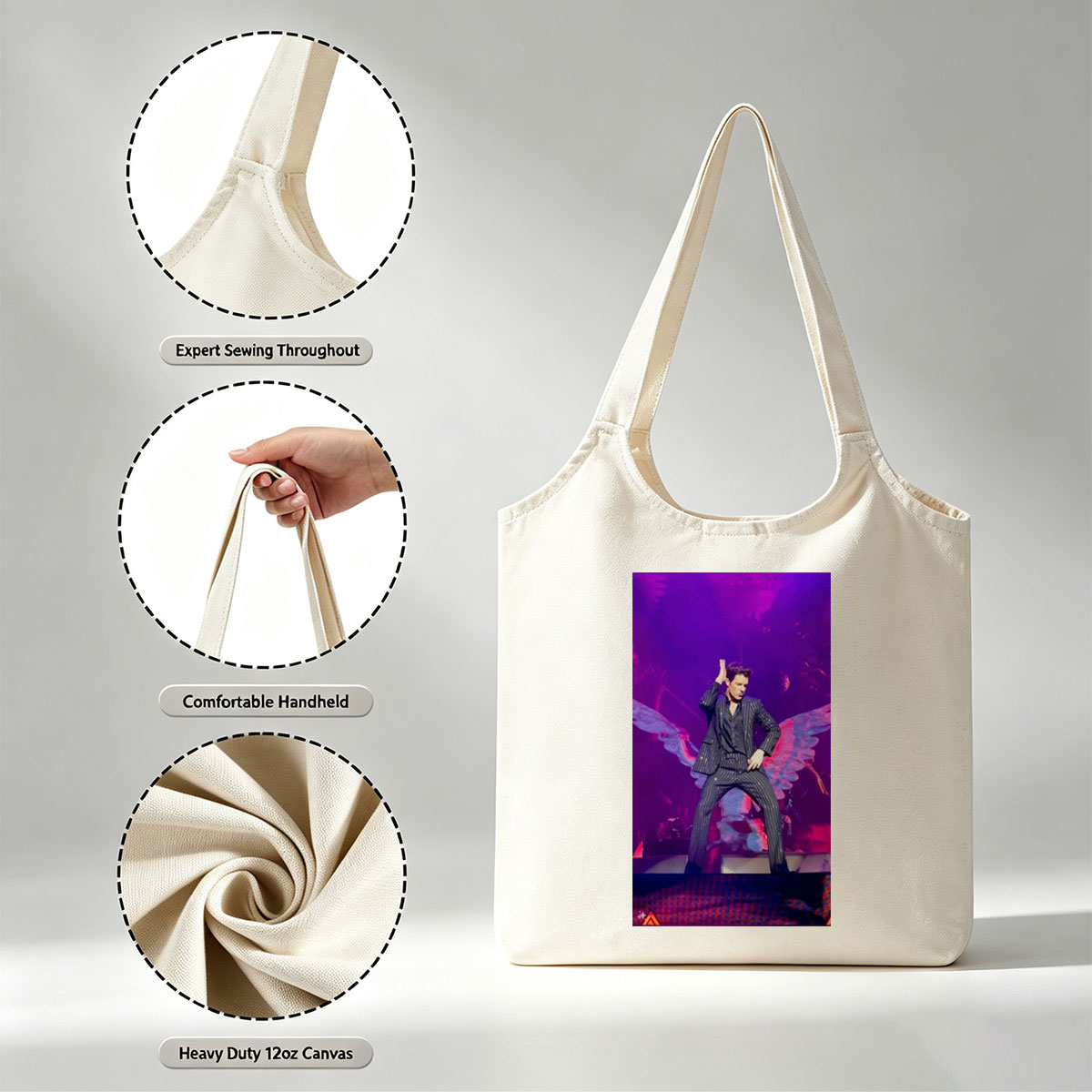 Adam Lambert on Stage in a Striped Suit with Dramatic Wing Props Under Purple Lighting - Canvas shoulder bags/