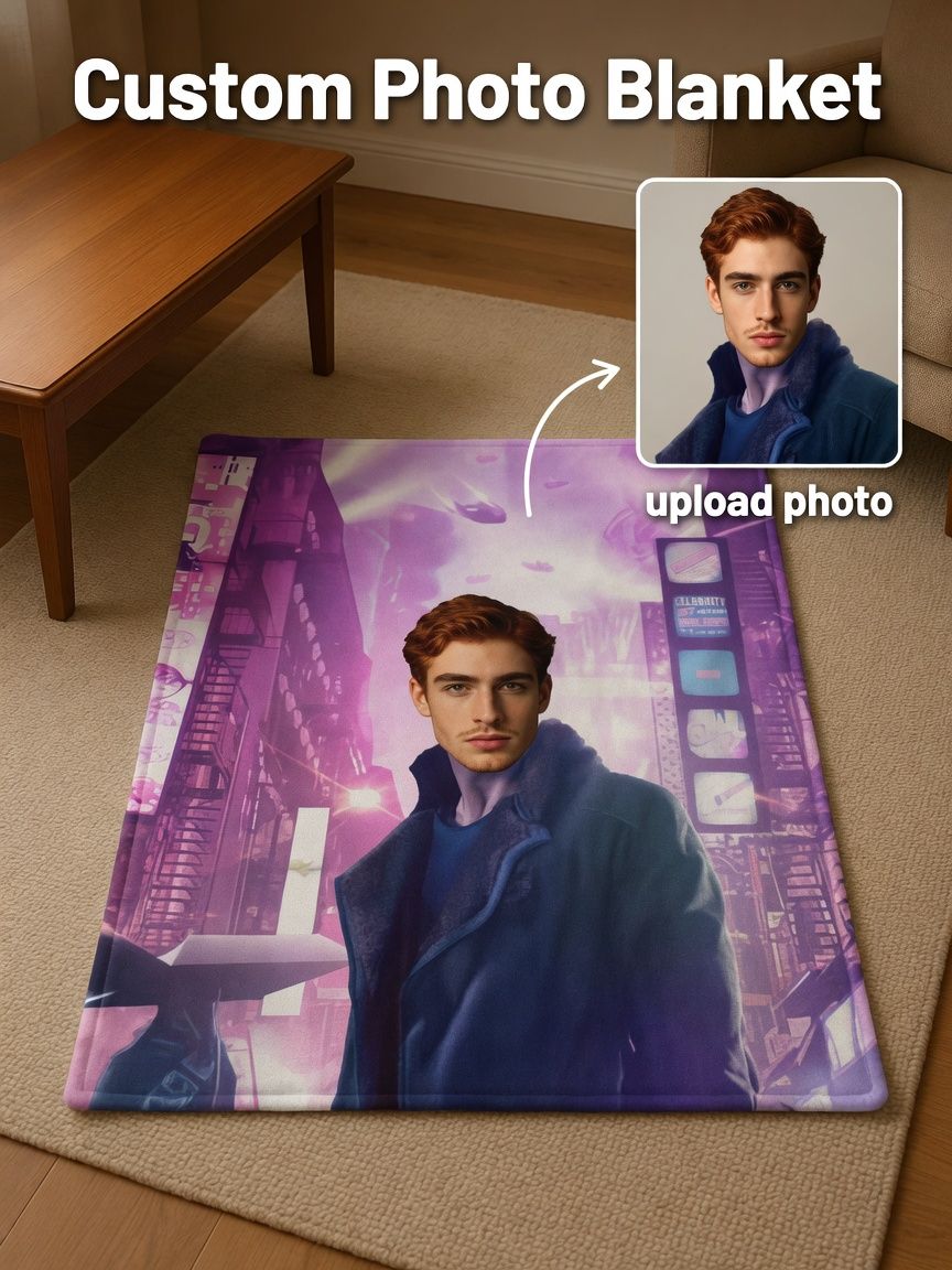 Custom Face Photo Flannel Blanket Ultra Soft Personalized Cyberpunk Portrait Throw Ideal Cozy Gift