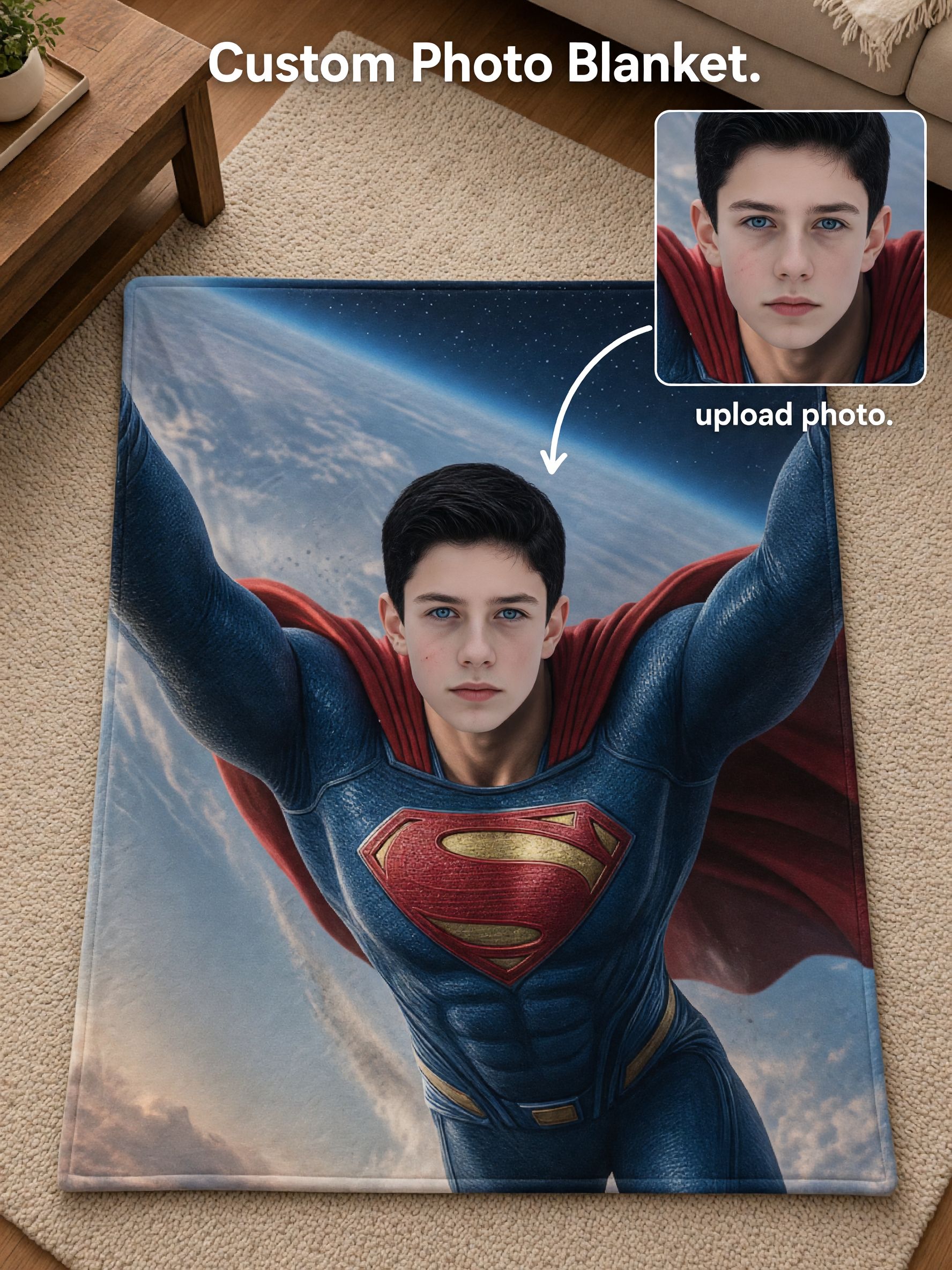 Custom Superhero Photo Blanket Personalized Face Flannel Fleece Throw Soft Warm Bed Couch Gift