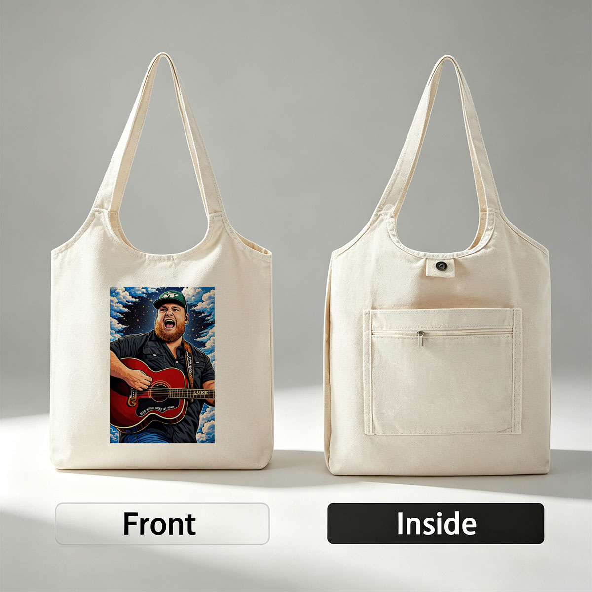 Luke Combs Singing with Acoustic Guitar Under Starry Sky - Canvas shoulder bags/