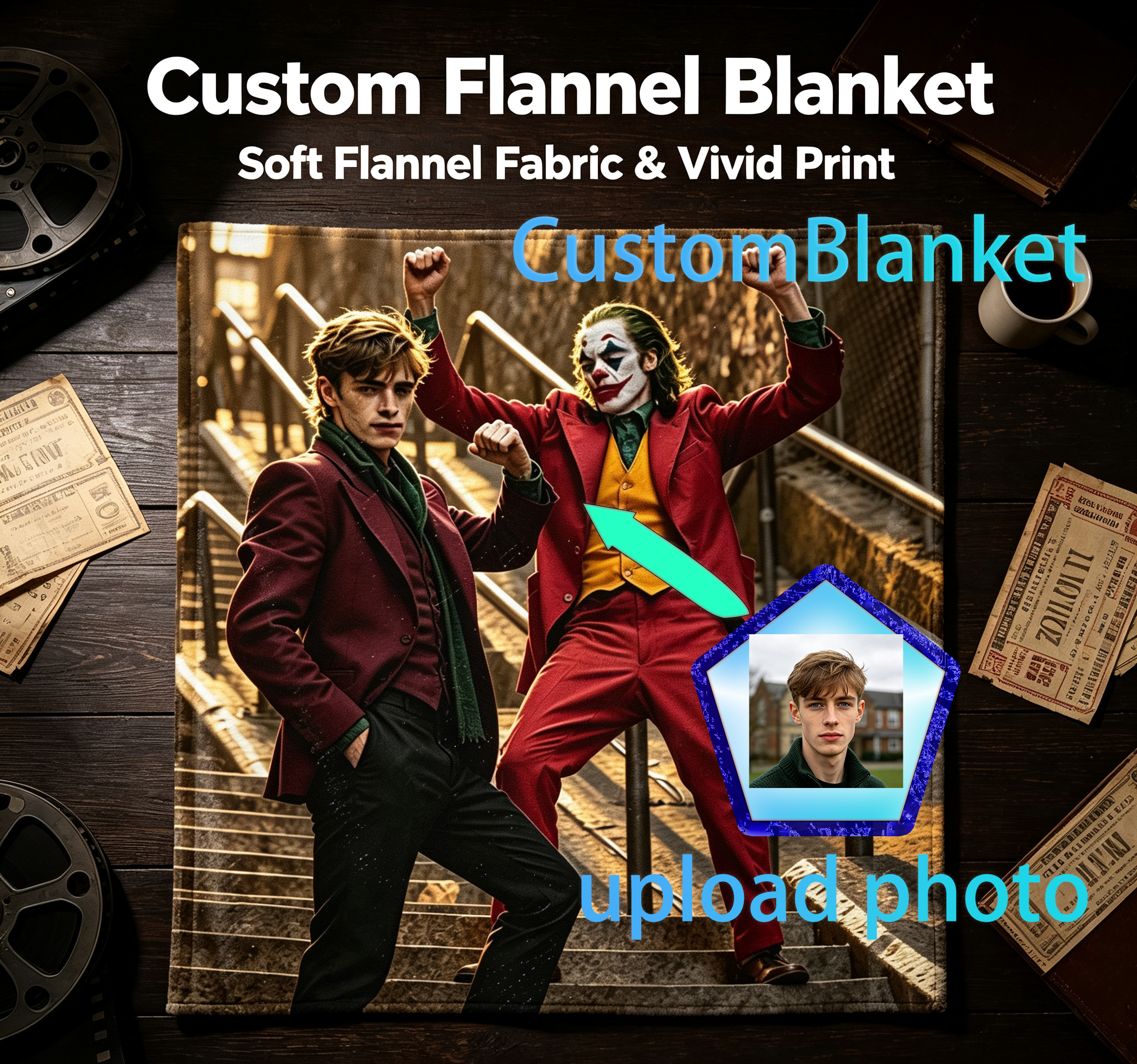 Custom Face Blanket Joker Movie Character Flannel Blanket for Couch or Bedding Gift Idea for Fans and Collectors