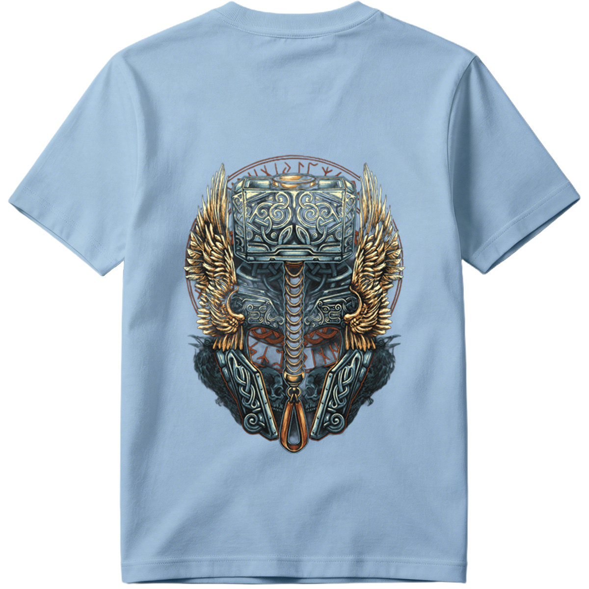 Thor's Hammer Mjolnir with Norse Symbols and Wings - Tee