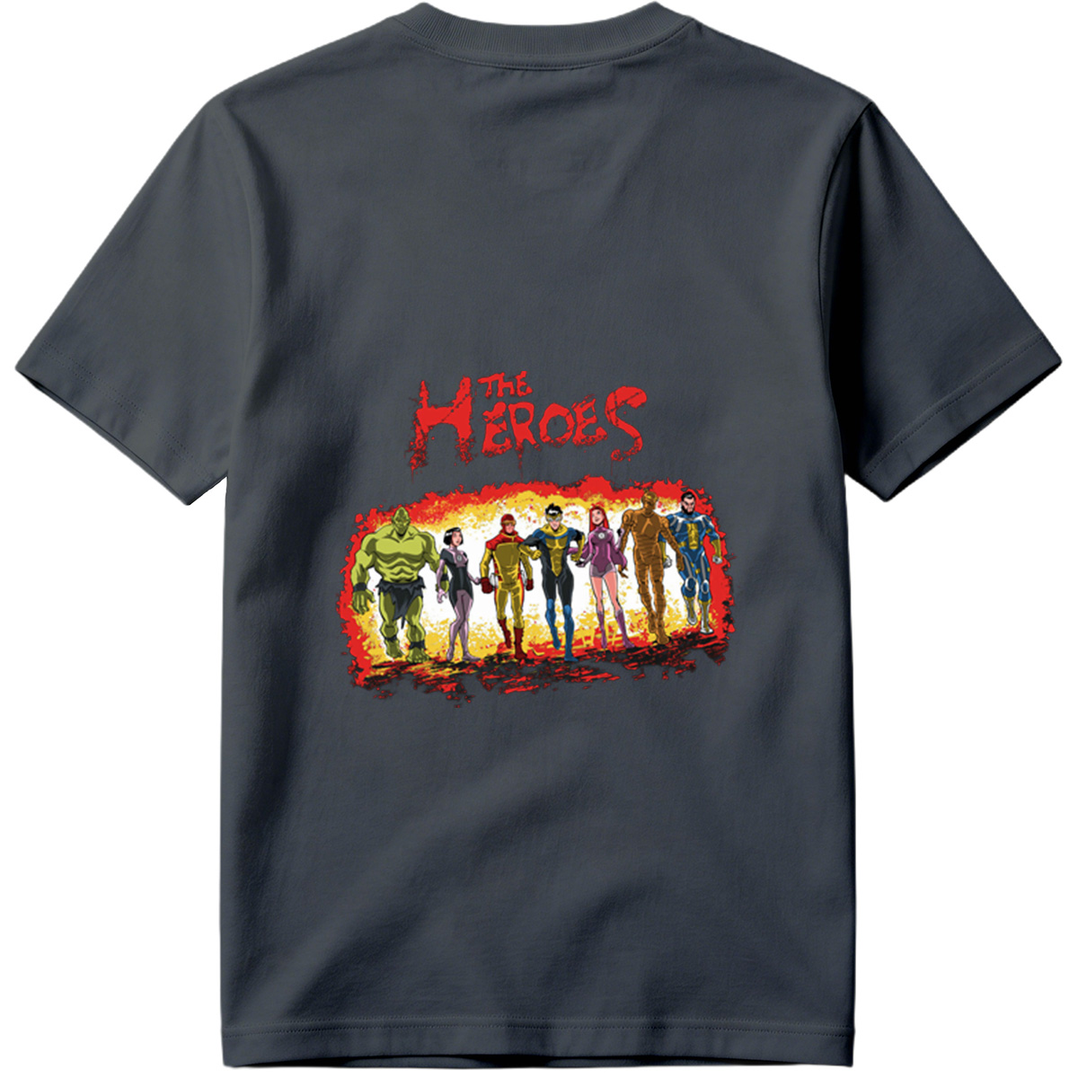 The Heroes: Green Hulk, Black Widow, Red Ranger, Blue Avenger, Pink Warrior, Golden Titan, and Blue Sentinel - Tee