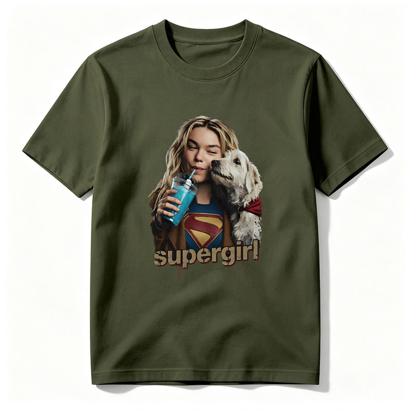 Supergirl with Dog and Blue Drink - Tee